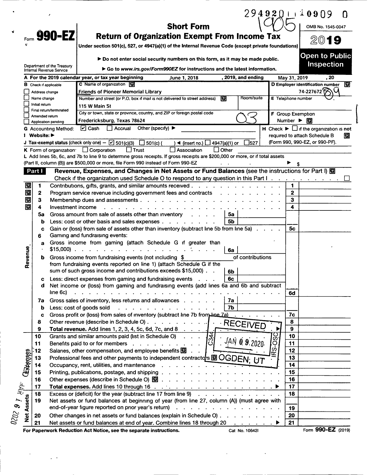 Image of first page of 2018 Form 990EZ for Friends of Pioneer Memorial Library