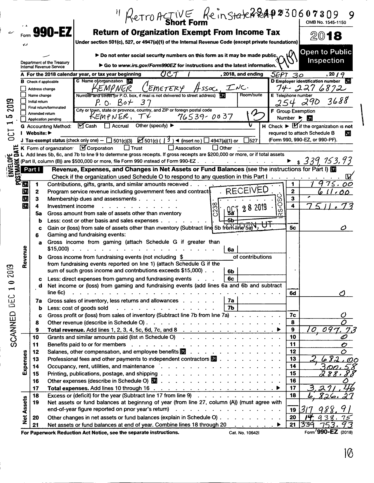 Image of first page of 2018 Form 990EO for Kempner Cemetery Association