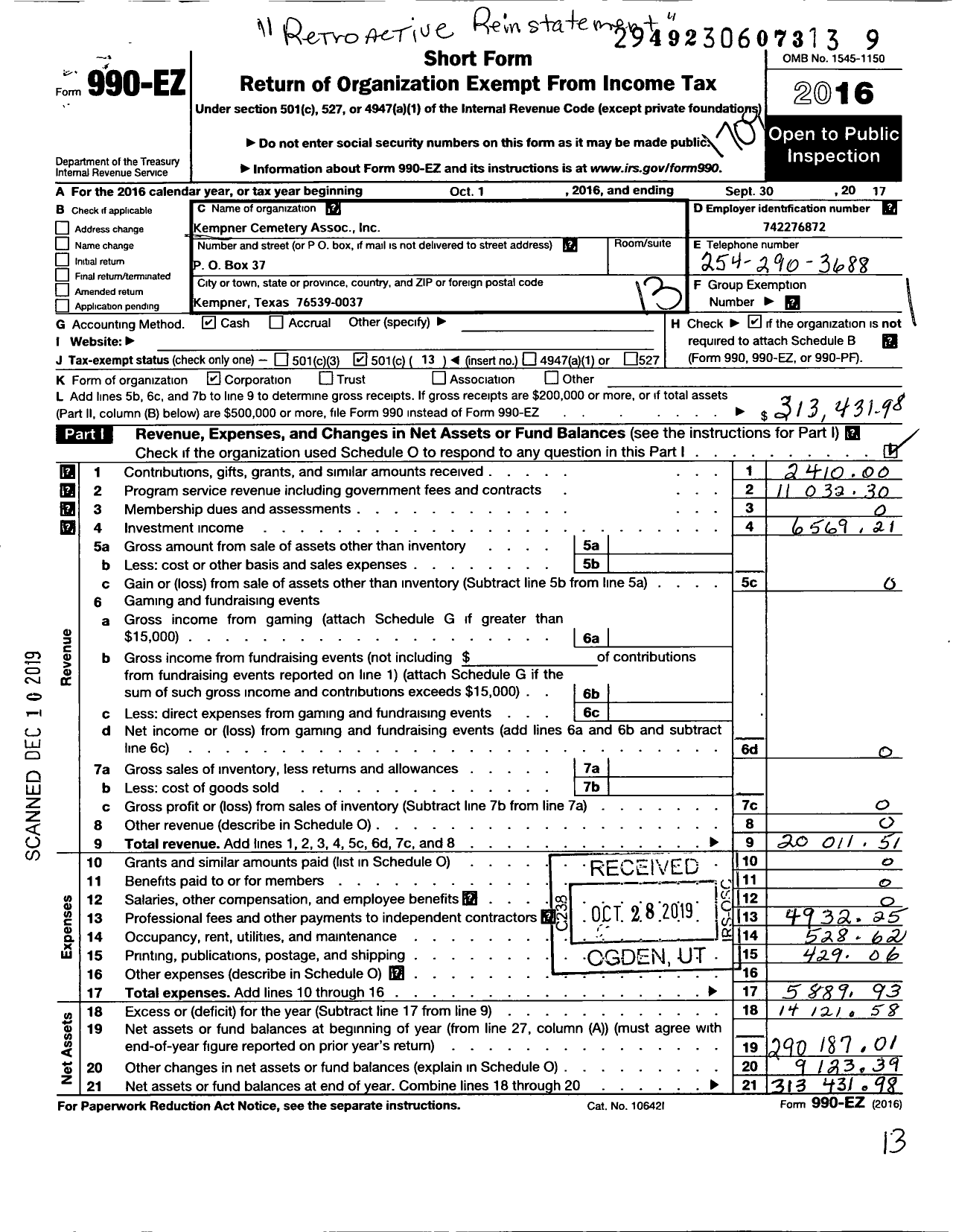 Image of first page of 2016 Form 990EO for Kempner Cemetery Association