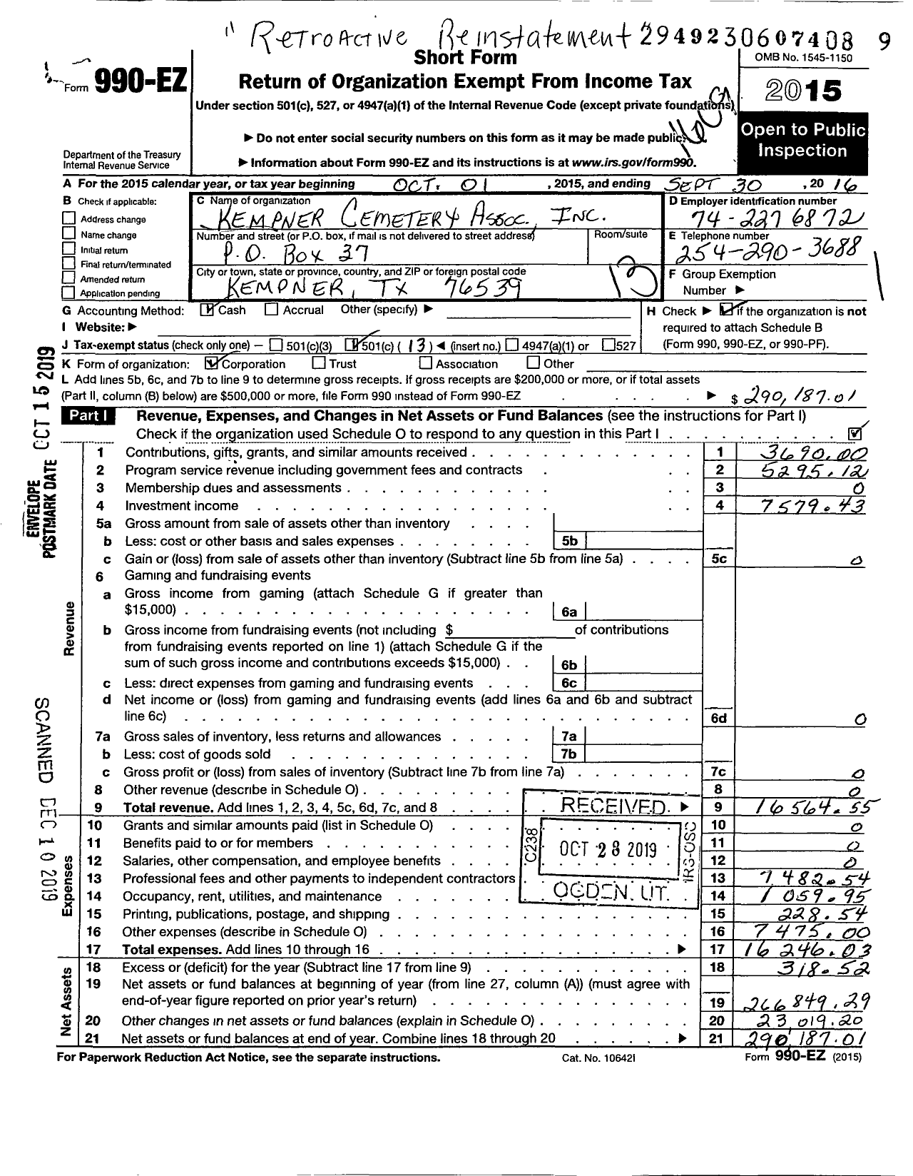 Image of first page of 2015 Form 990EO for Kempner Cemetery Association