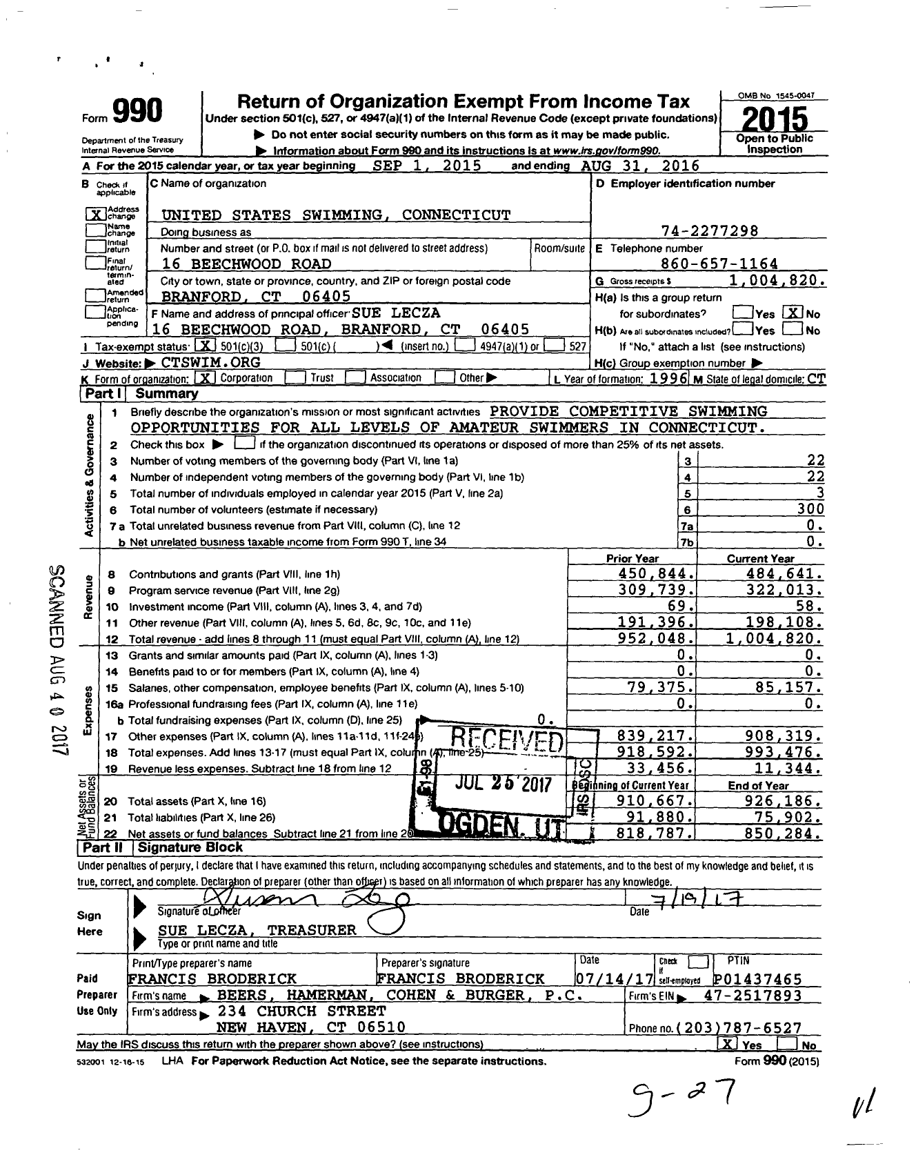 Image of first page of 2015 Form 990 for United States Swimming Connecticut