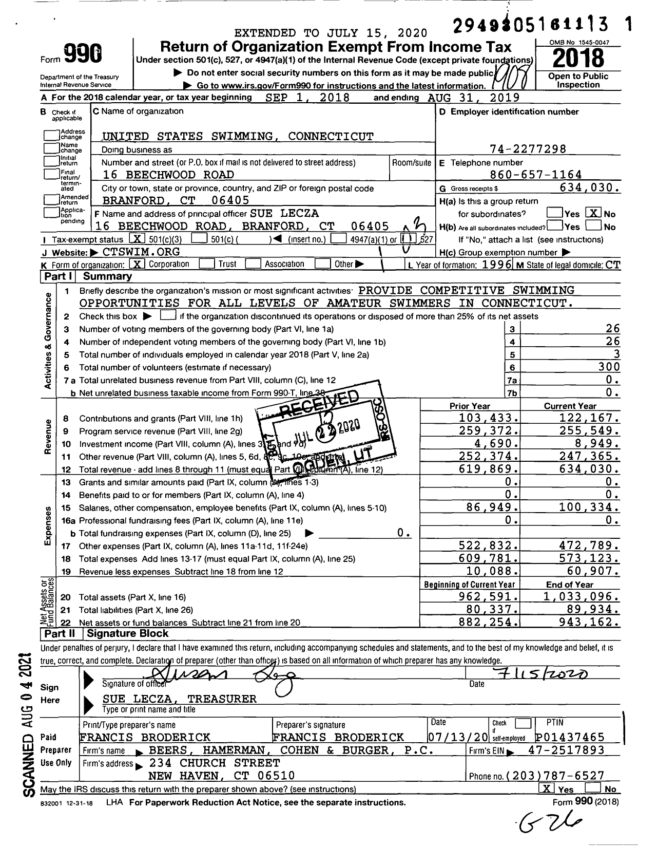 Image of first page of 2018 Form 990 for United States Swimming Connecticut