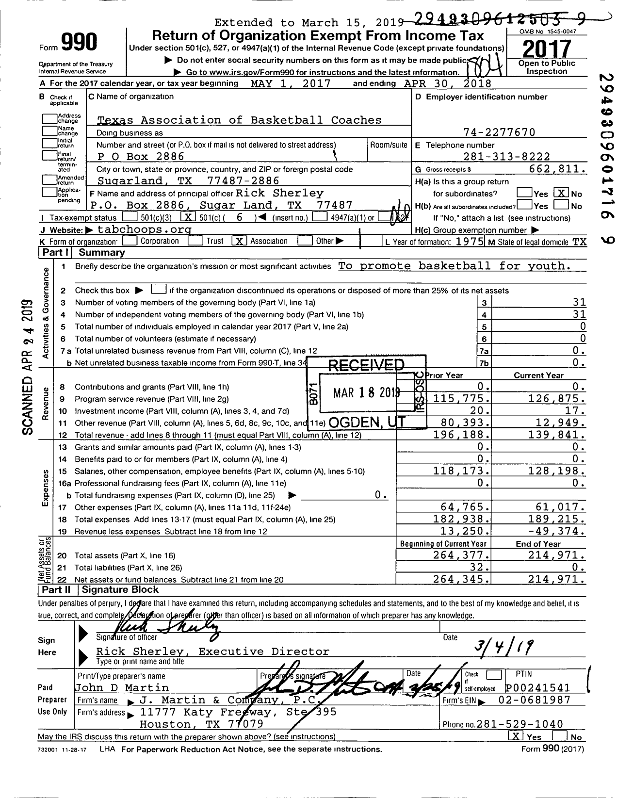 Image of first page of 2017 Form 990O for Texas Association of Basketball Coaches