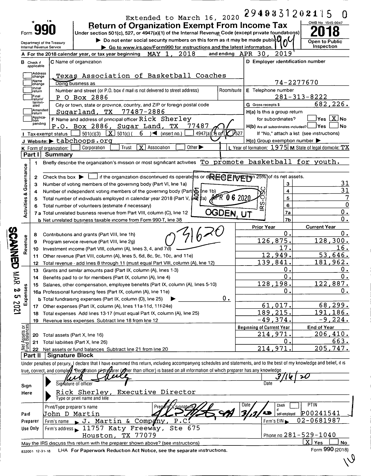 Image of first page of 2018 Form 990O for Texas Association of Basketball Coaches