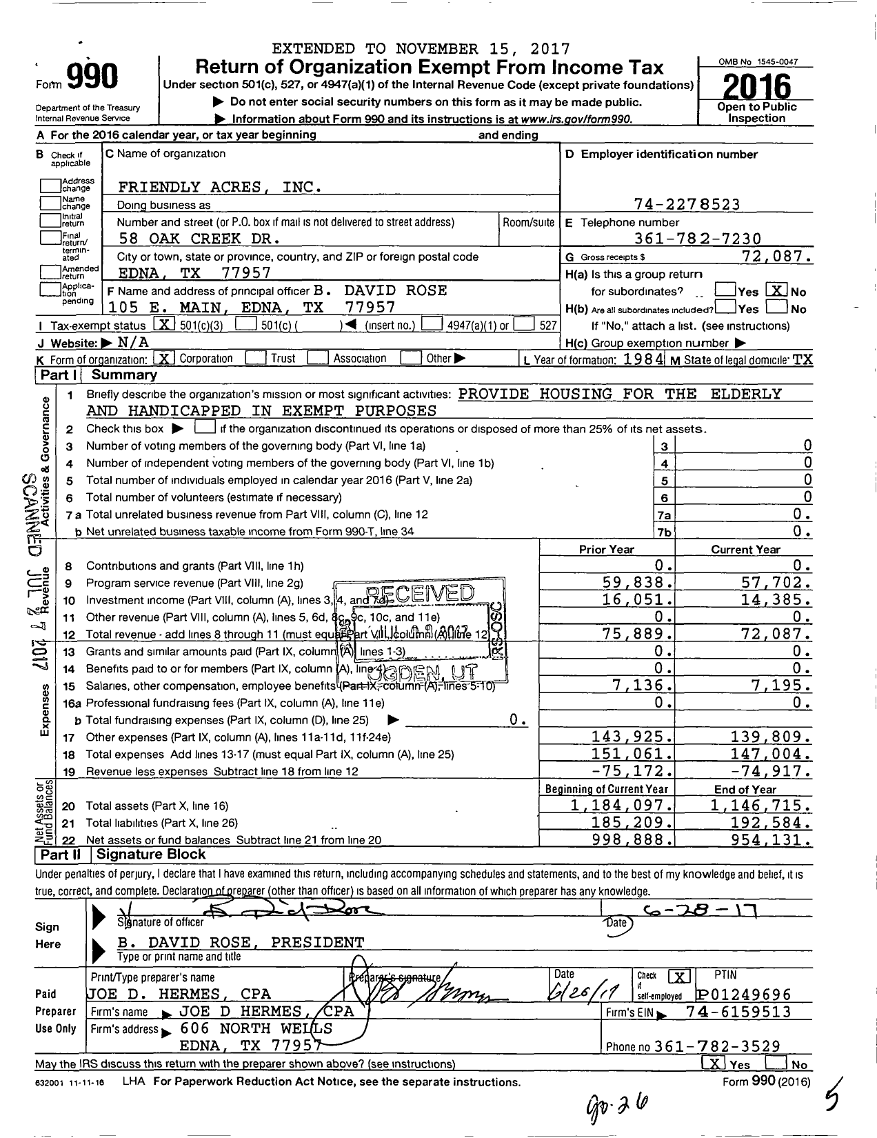 Image of first page of 2016 Form 990 for Friendly Acres