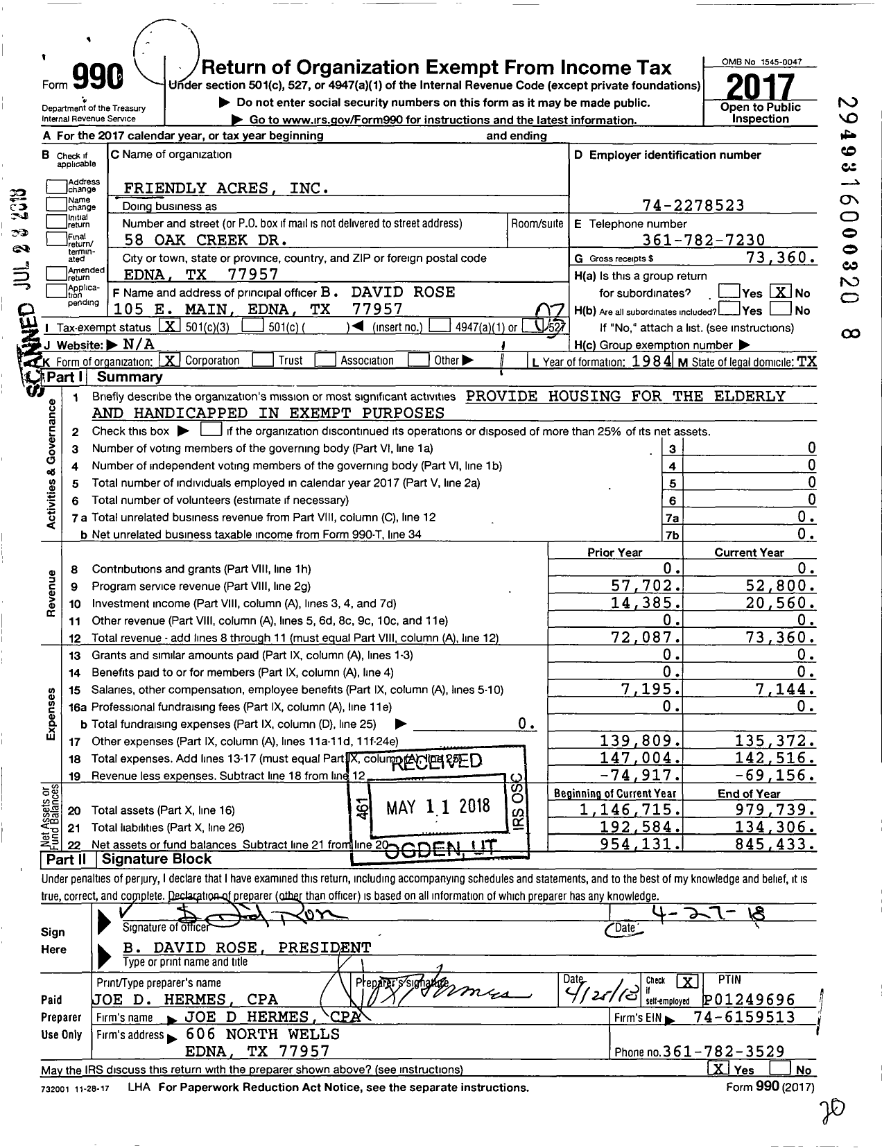 Image of first page of 2017 Form 990 for Friendly Acres