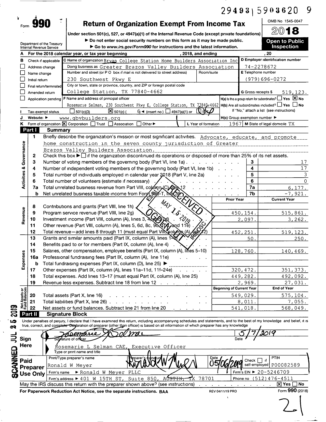 Image of first page of 2018 Form 990O for Greater Brazos Valley Builders Association