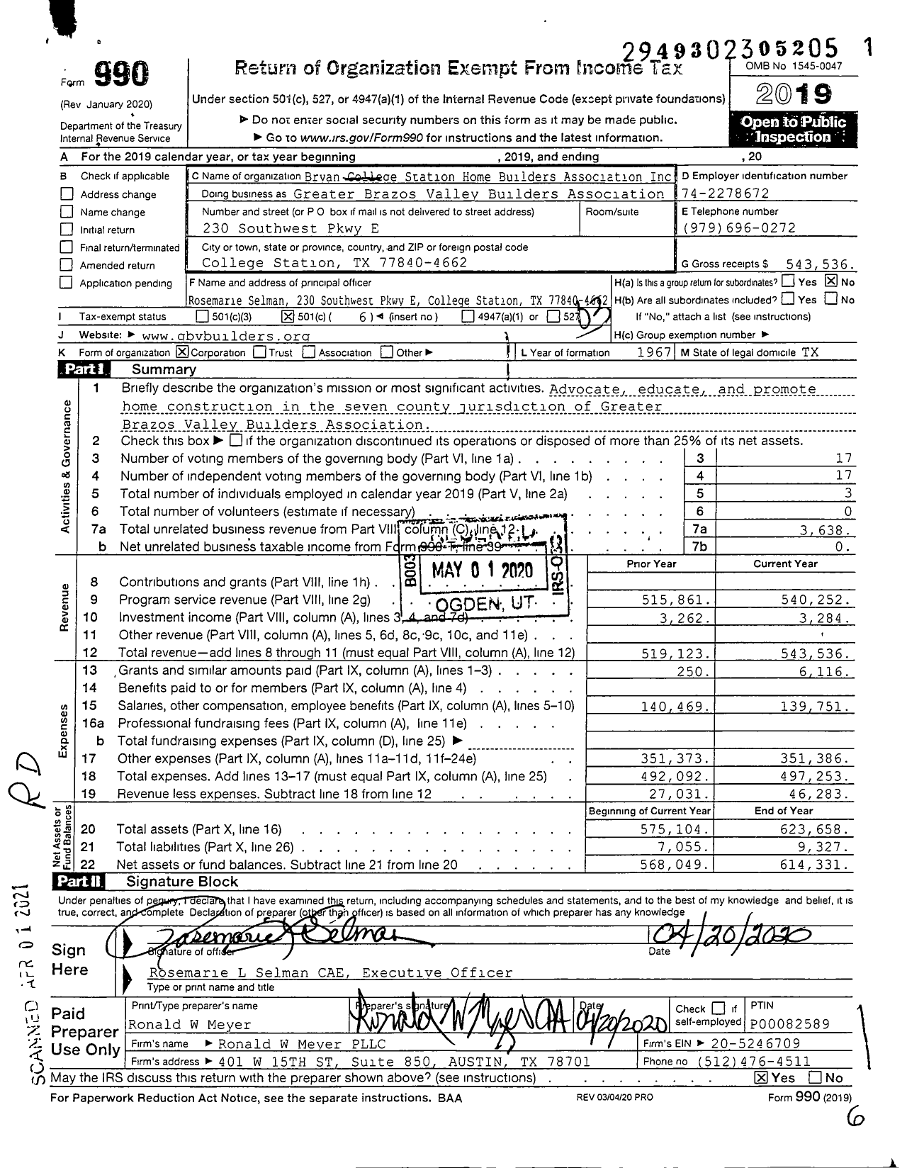 Image of first page of 2019 Form 990 for Greater Brazos Valley Builders Association