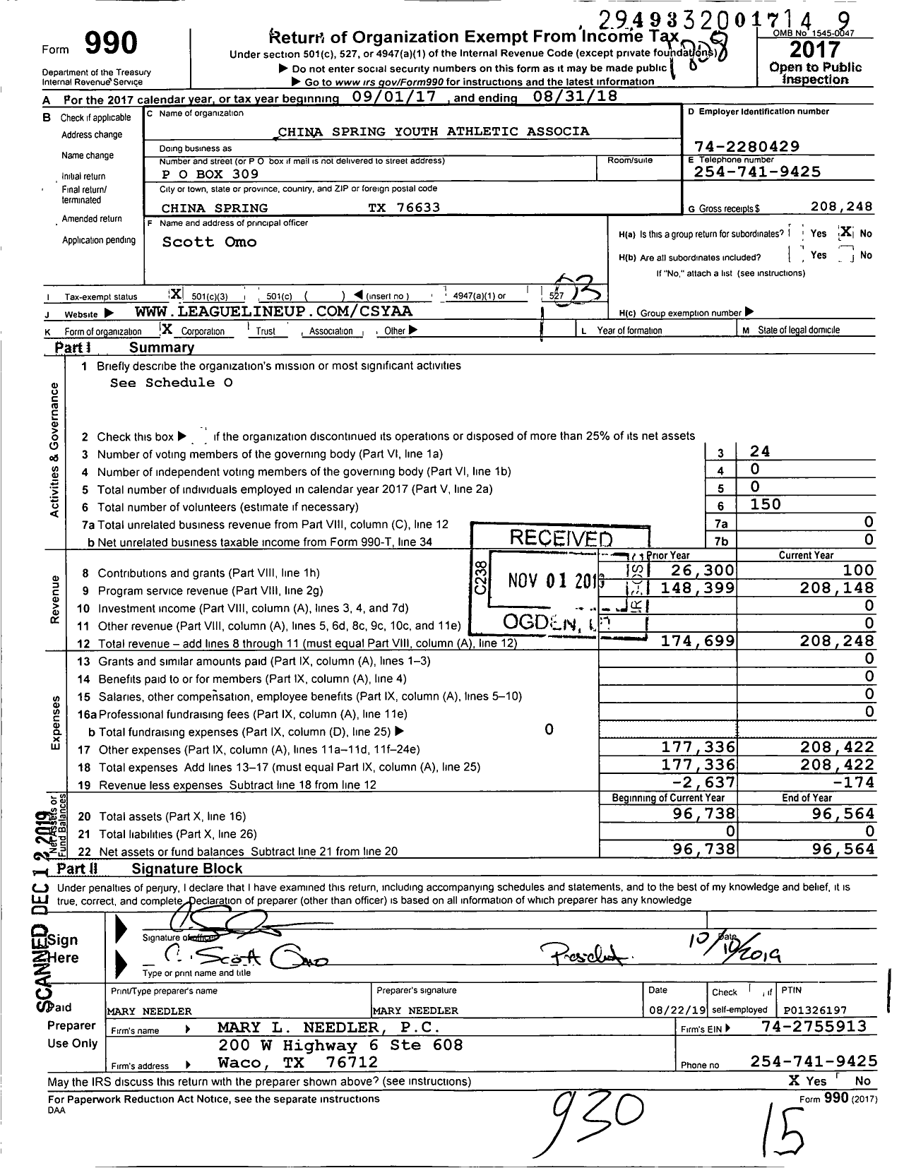 Image of first page of 2017 Form 990 for China Spring Youth Athletic Association