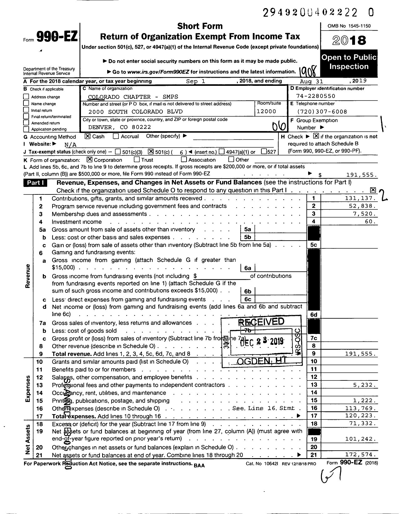 Image of first page of 2018 Form 990EO for Colorado Chapter-Smps