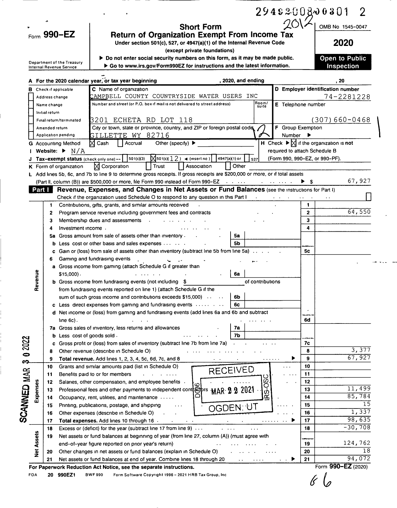 Image of first page of 2020 Form 990EO for Campbell County Countryside Water Users