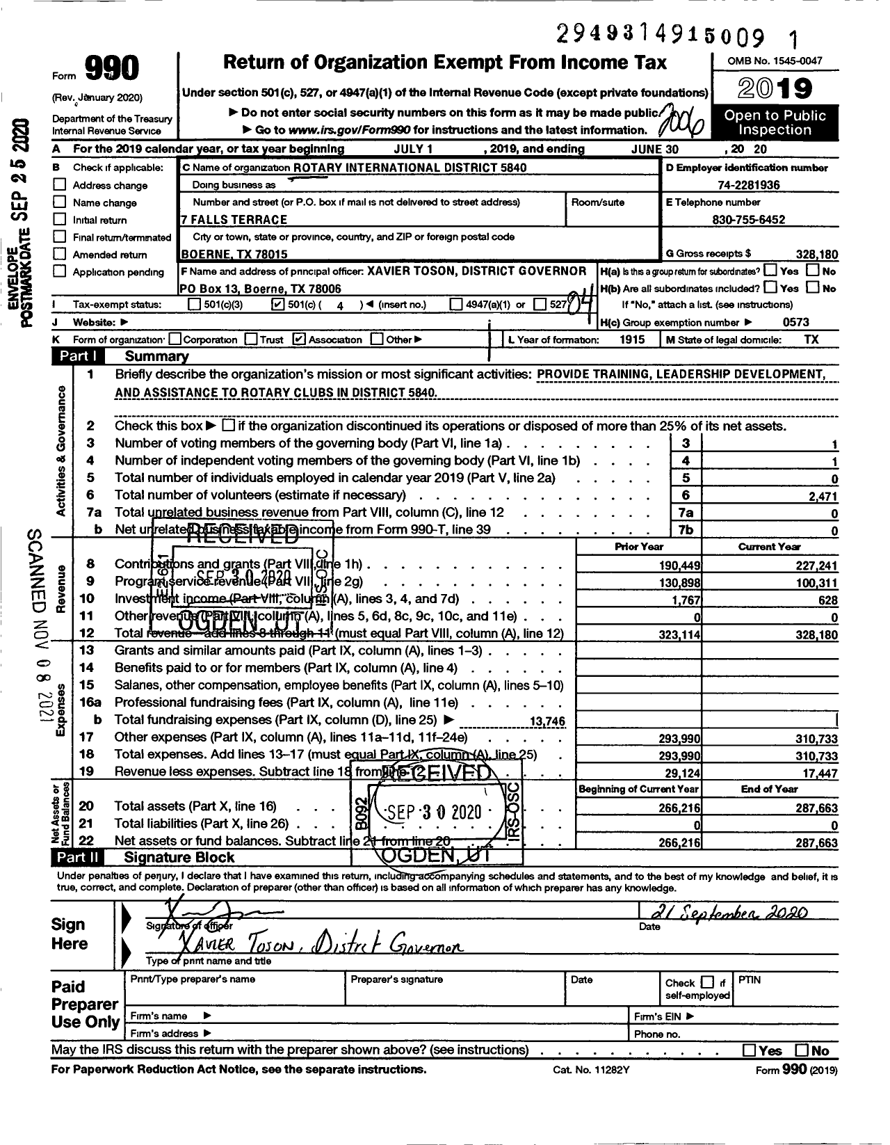 Image of first page of 2019 Form 990O for Rotary International - 5840 District