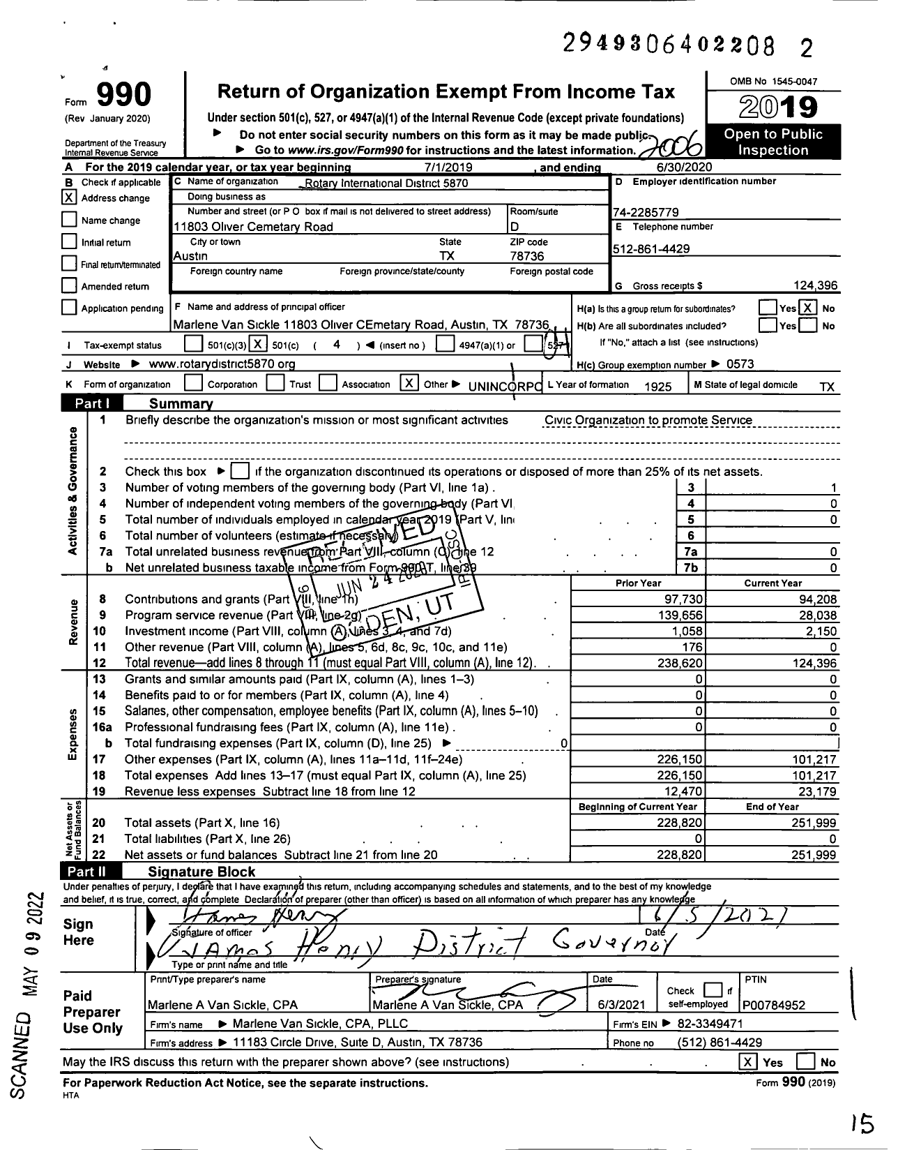 Image of first page of 2019 Form 990O for Rotary International - 5870 Dist