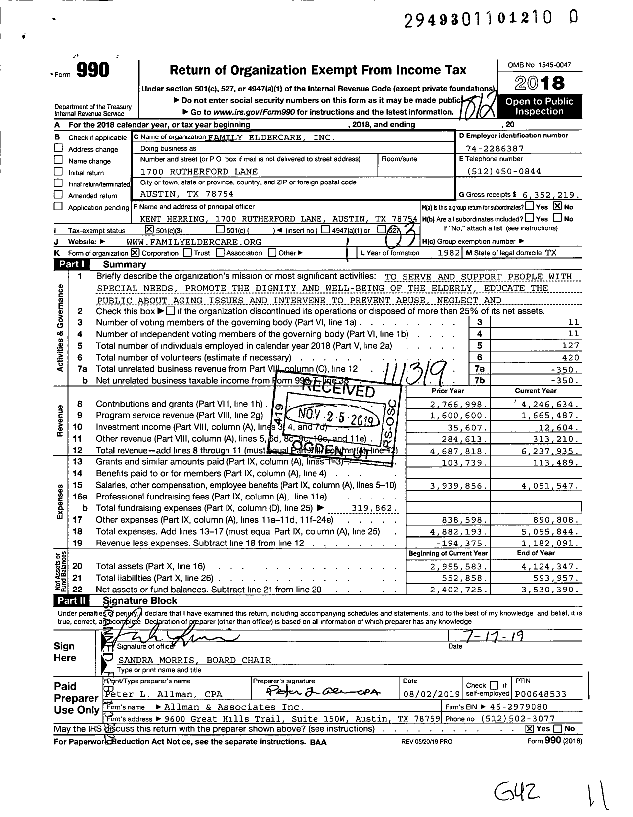 Image of first page of 2018 Form 990 for Family Eldercare