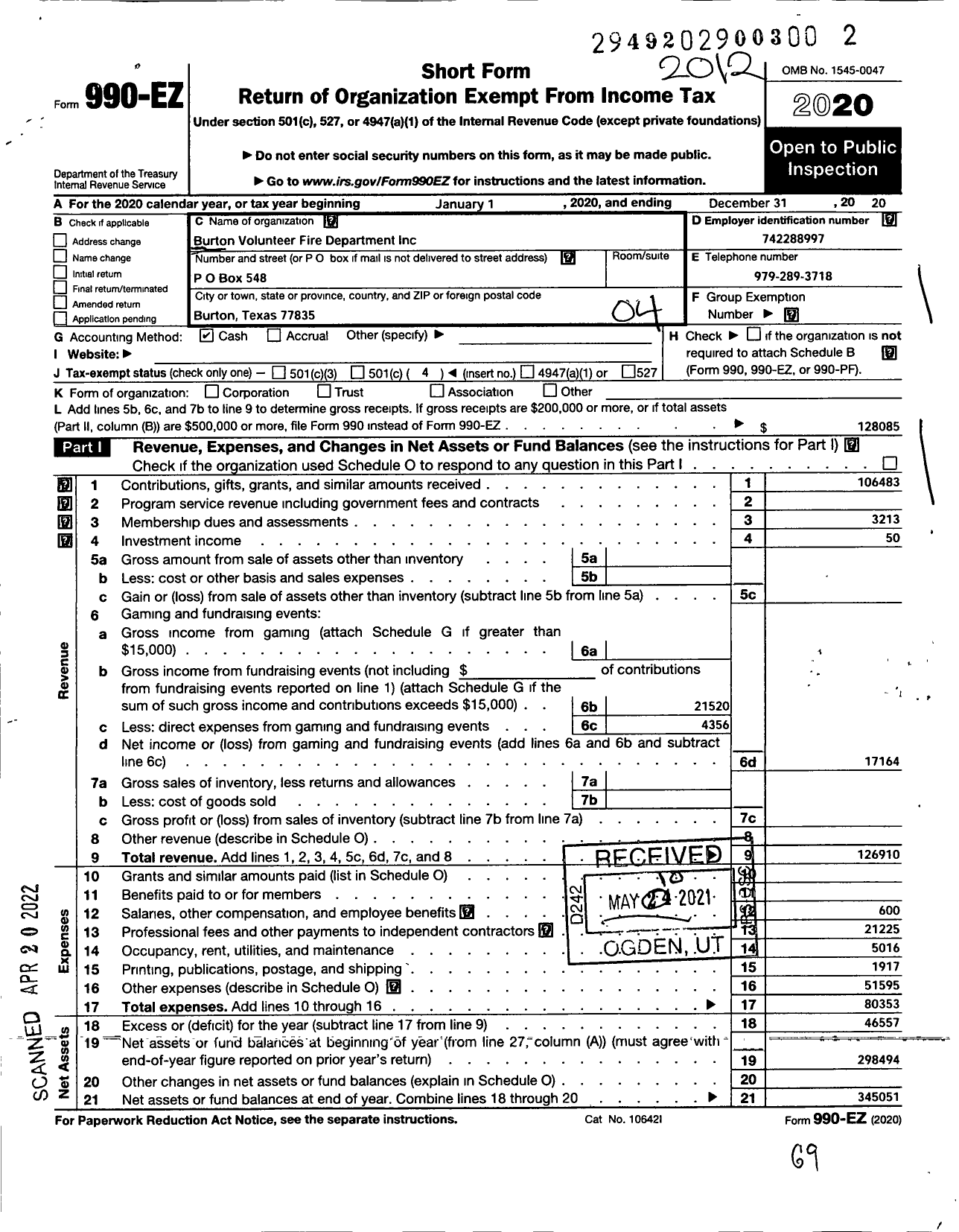 Image of first page of 2020 Form 990EO for Burton Volunteer Fire Department