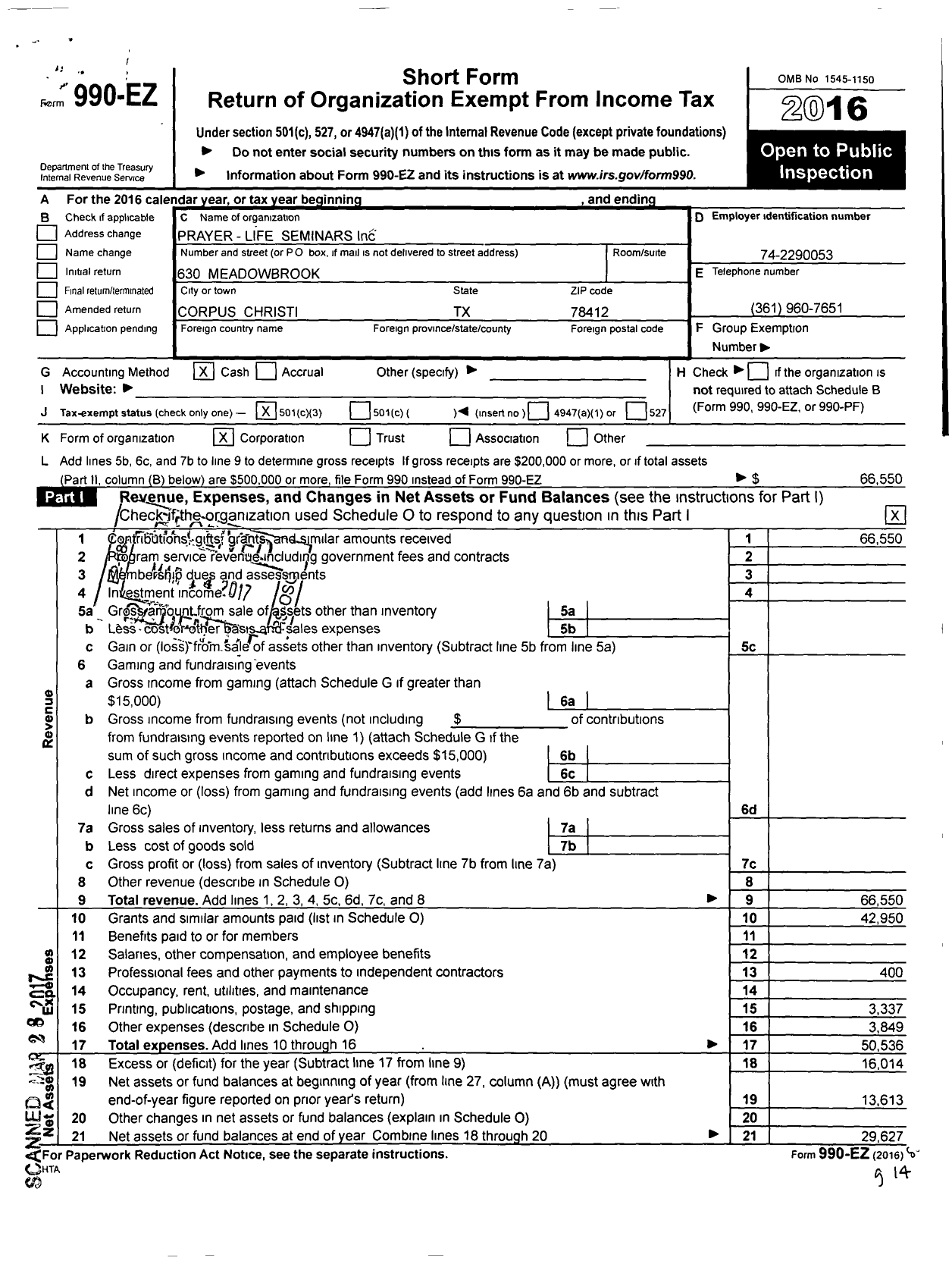 Image of first page of 2016 Form 990EZ for Prayer Life Seminars