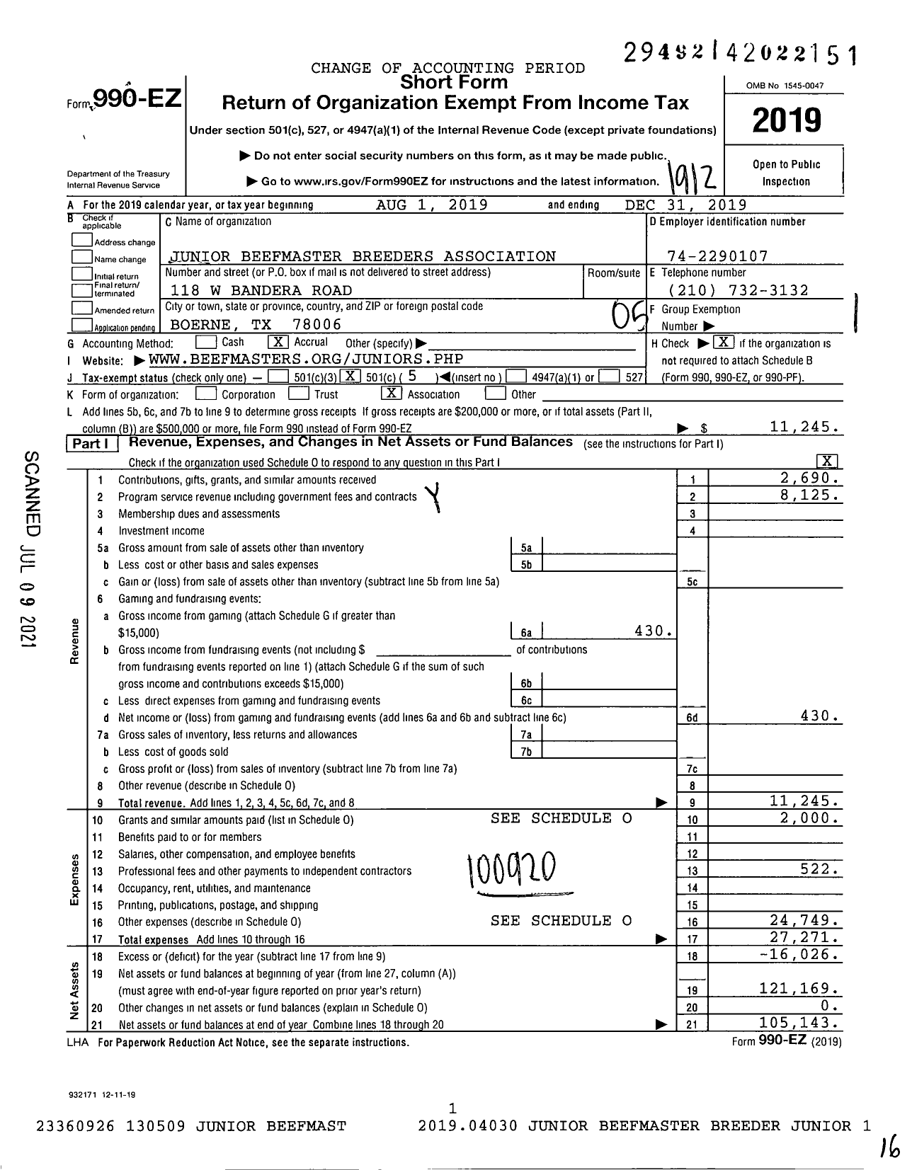 Image of first page of 2019 Form 990EO for Junior Beefmaster Breeders Association