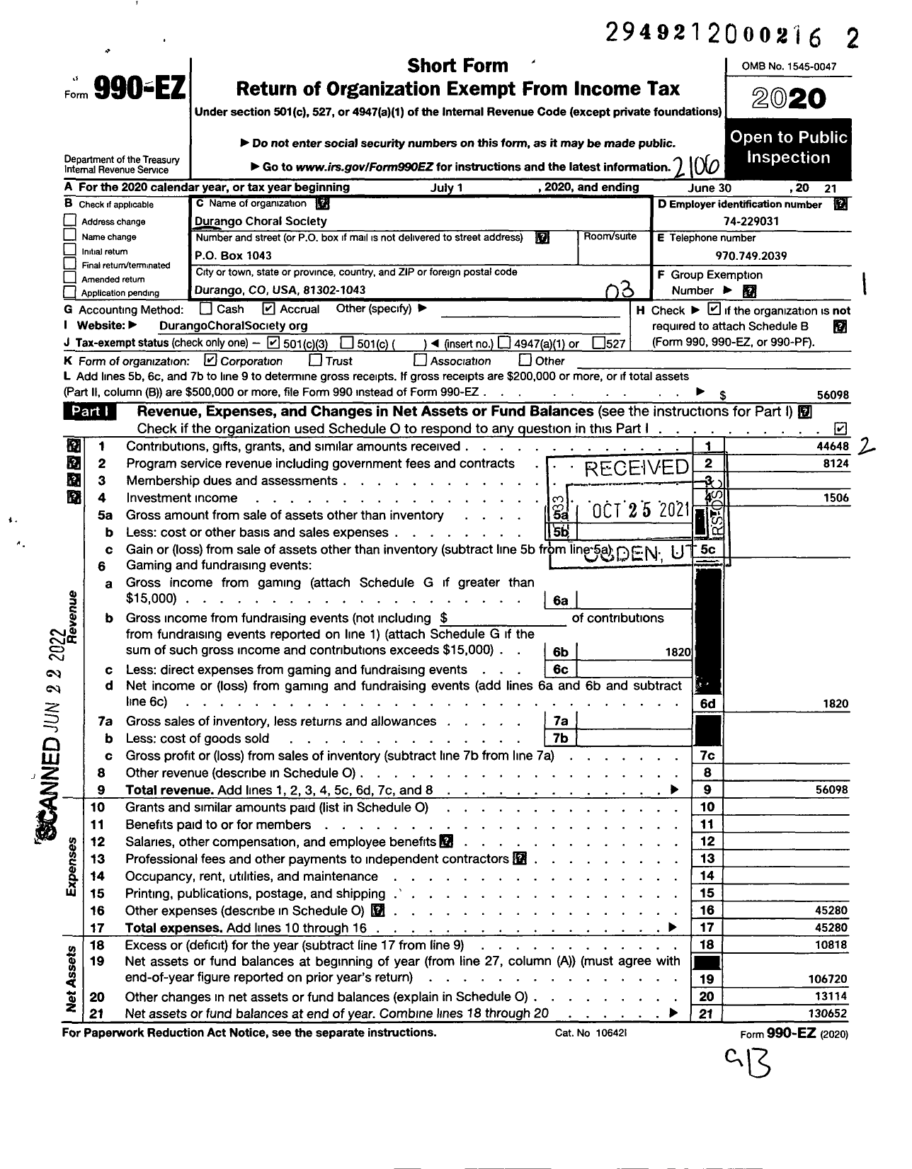 Image of first page of 2020 Form 990EZ for Durango Choral Society