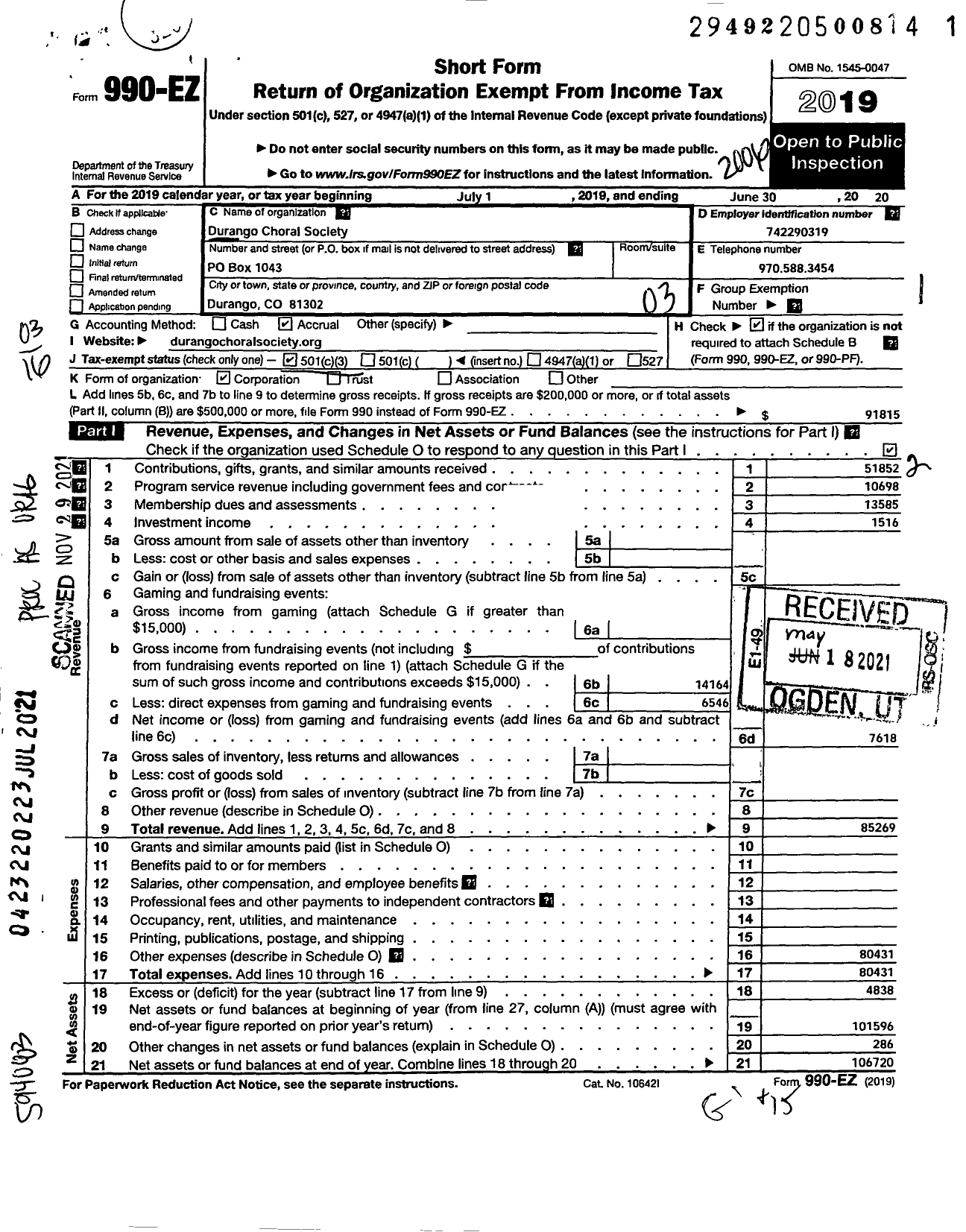 Image of first page of 2019 Form 990EZ for Durango Choral Society