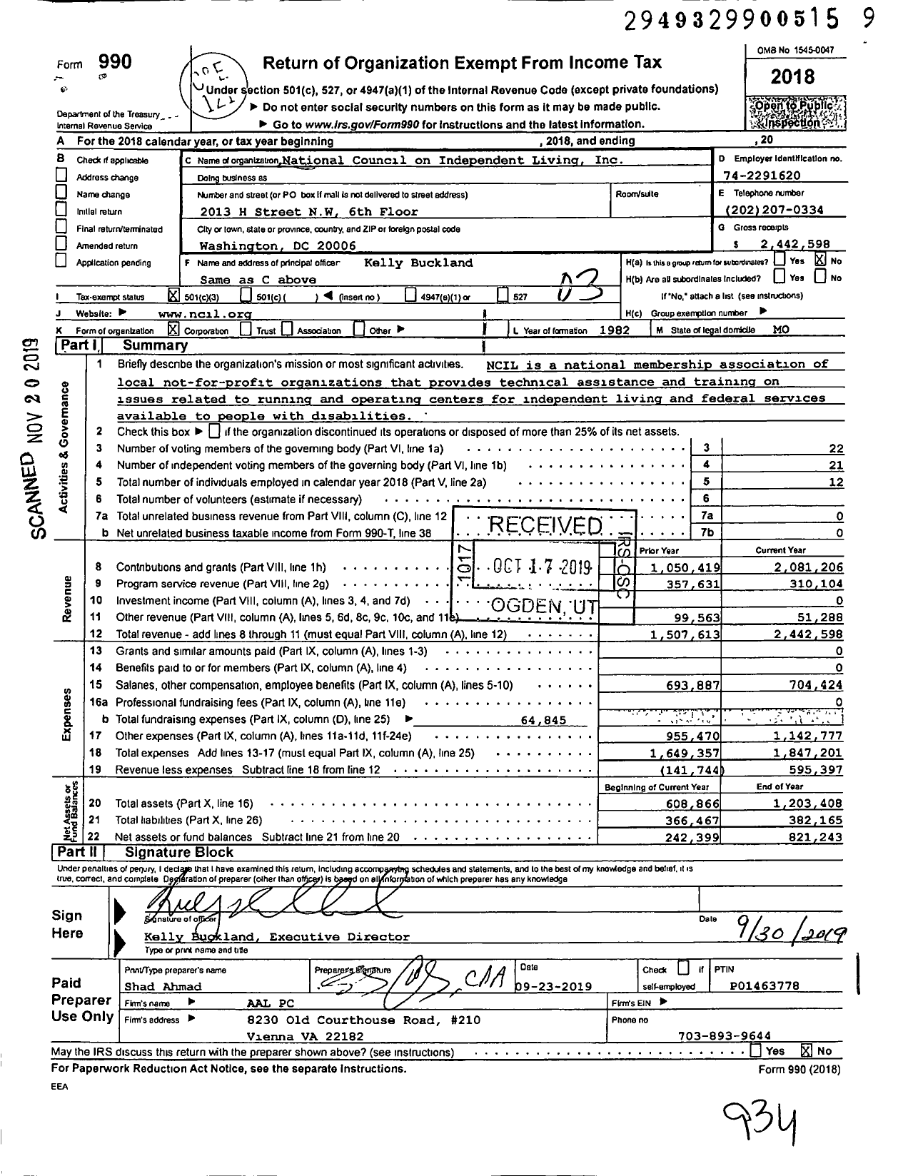 Image of first page of 2018 Form 990 for National Council on Independent Living