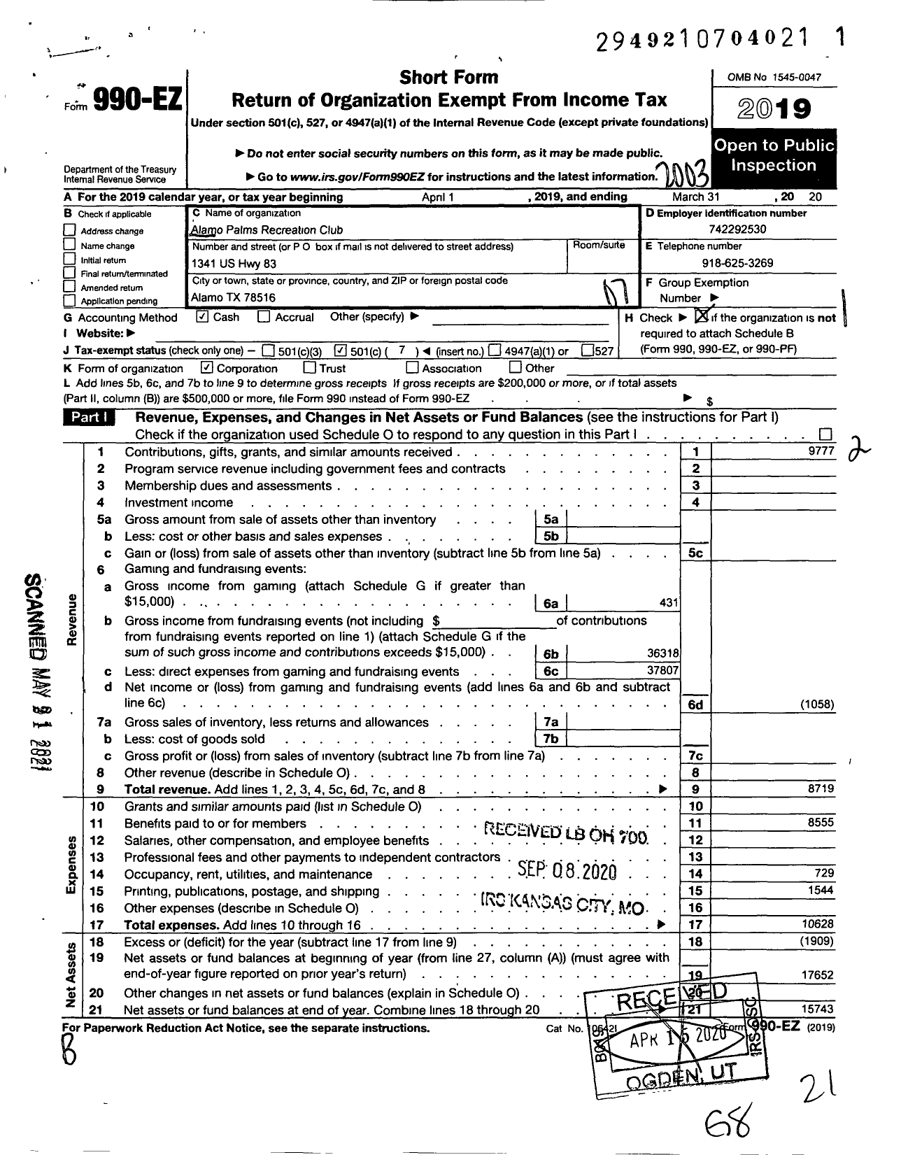 Image of first page of 2019 Form 990EO for Alamo Palms Recreation Club