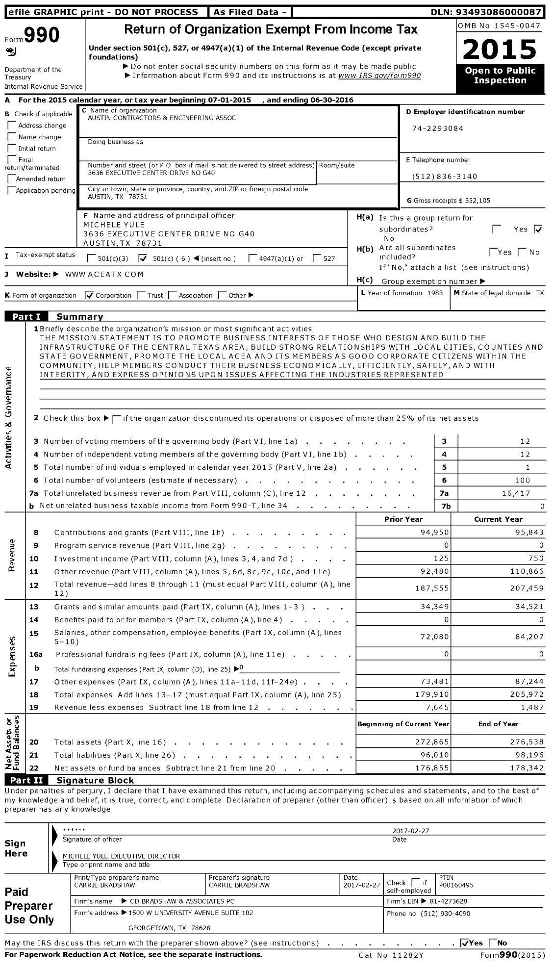 Image of first page of 2015 Form 990O for Austin Contractors and Engineers Association