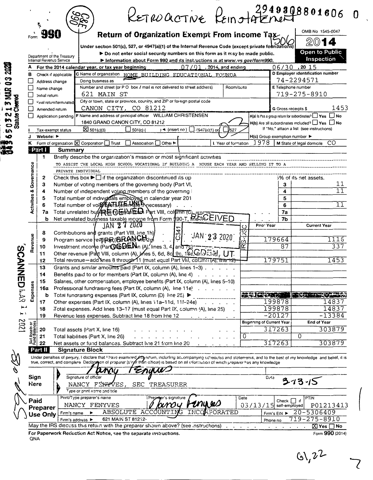 Image of first page of 2014 Form 990 for Home Building Educational Foundation