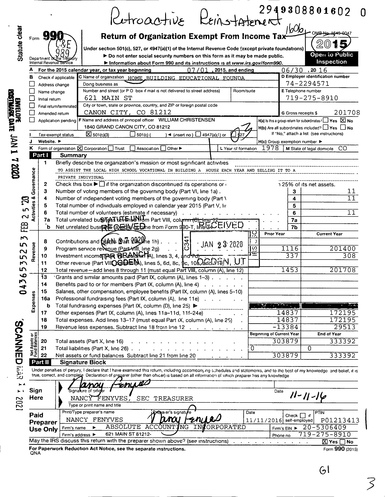 Image of first page of 2015 Form 990 for Home Building Educational Foundation