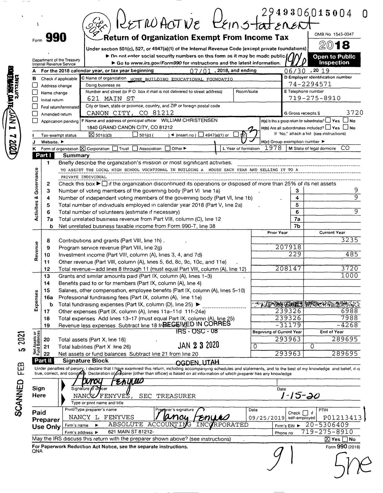 Image of first page of 2018 Form 990 for Home Building Educational Foundation