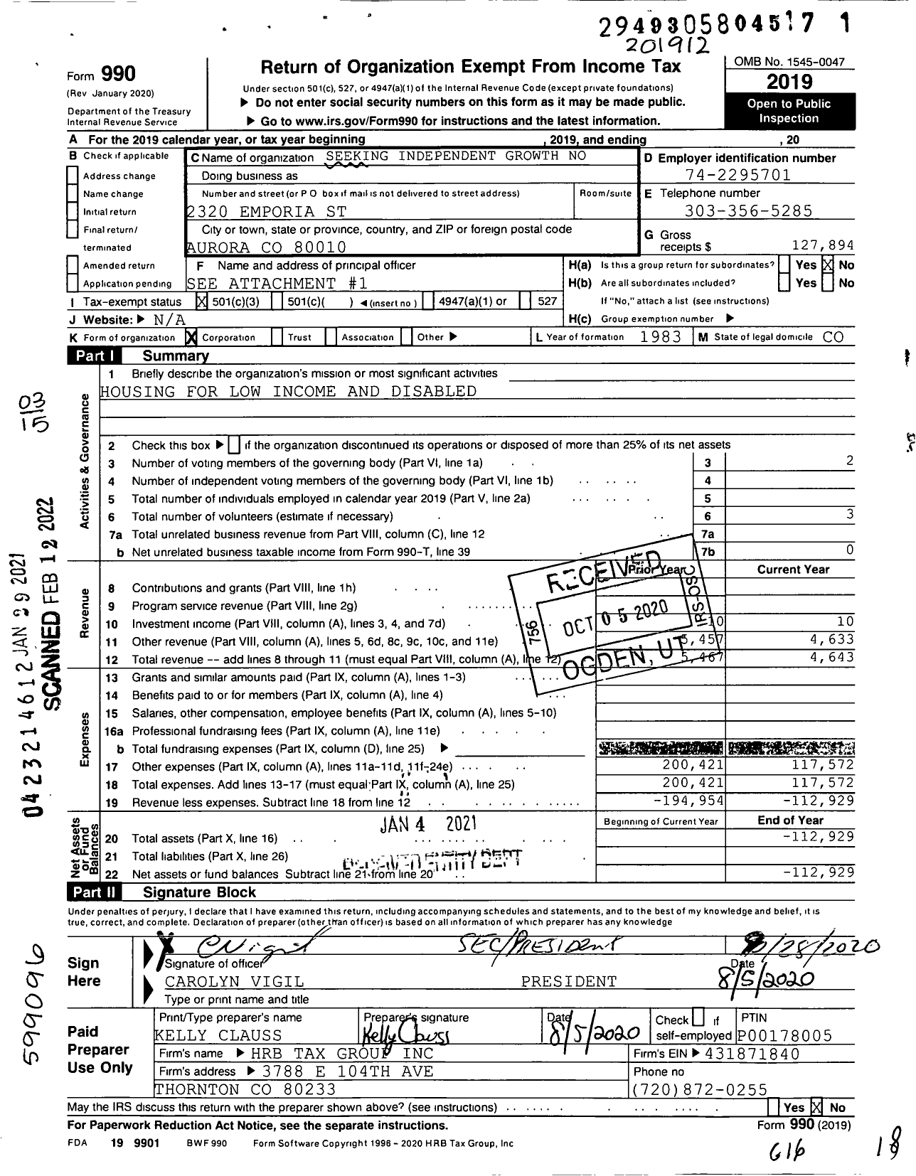 Image of first page of 2019 Form 990 for Seeking Independent Growth Now