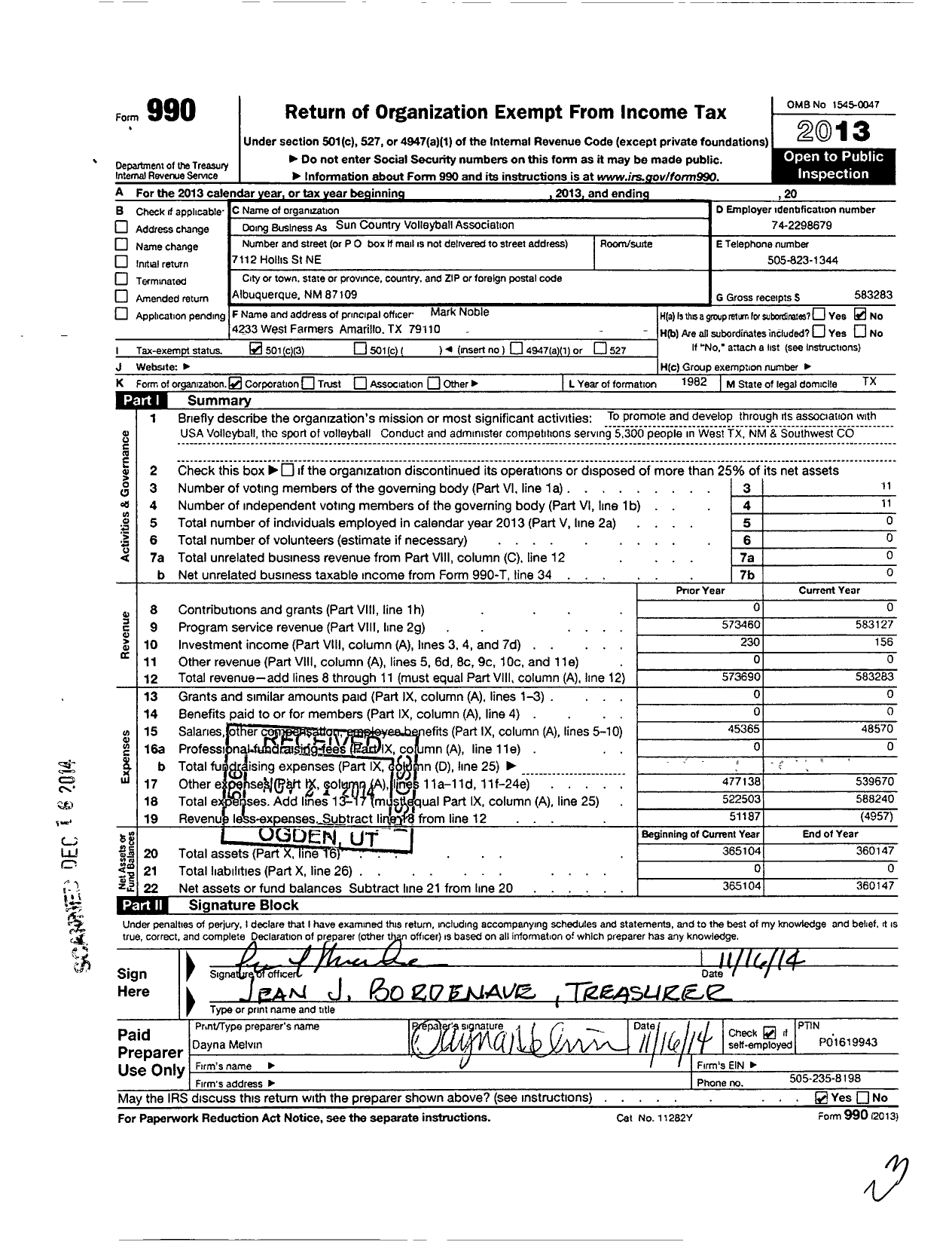 Image of first page of 2013 Form 990 for The Sun Country Region Volleyball Association