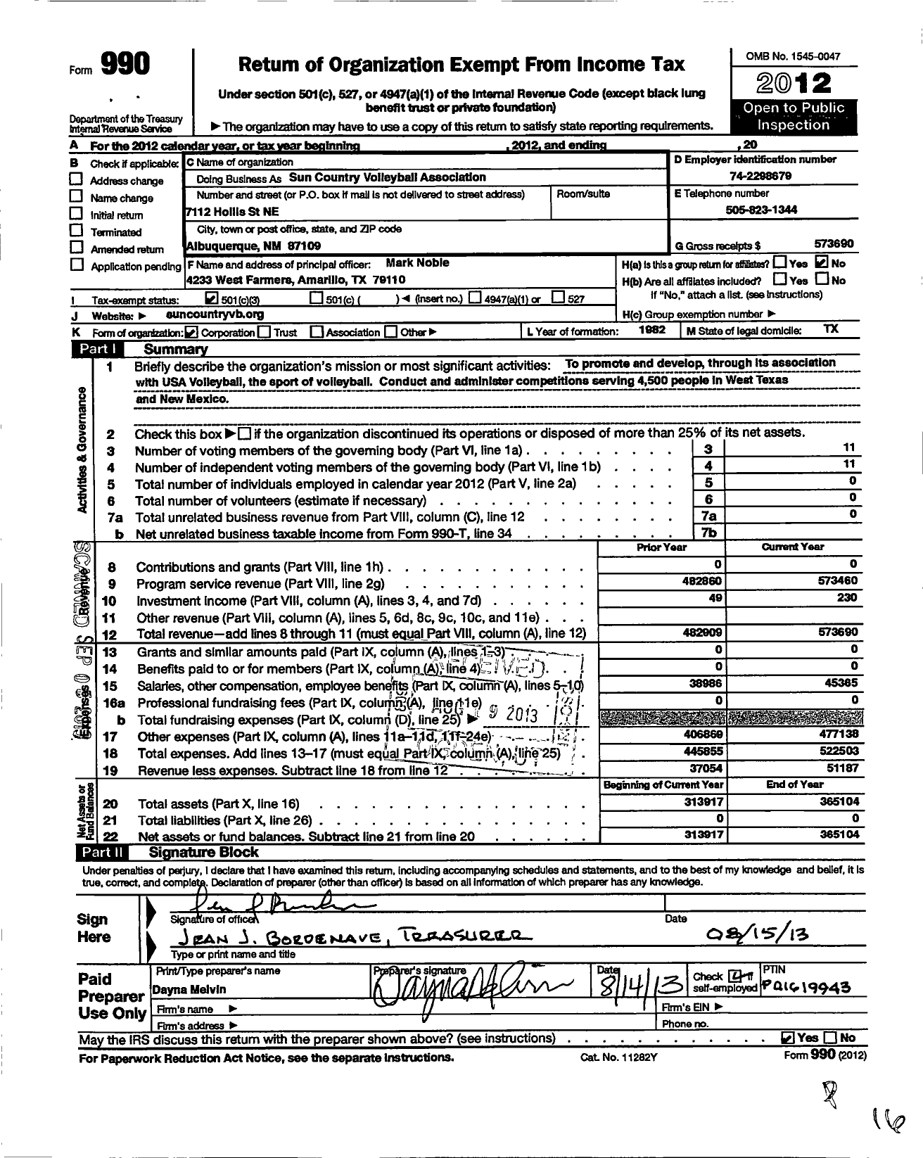 Image of first page of 2012 Form 990 for The Sun Country Region Volleyball Association