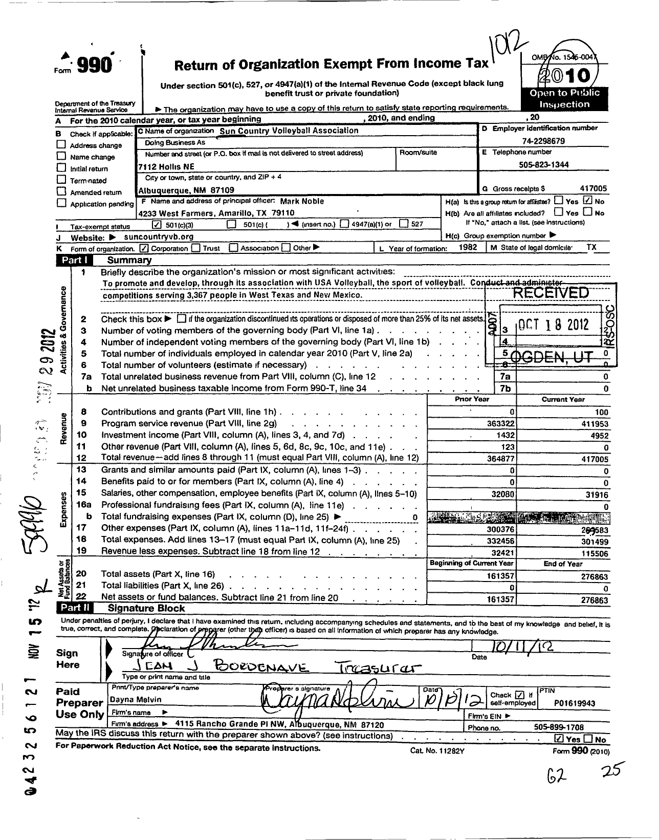 Image of first page of 2010 Form 990 for The Sun Country Region Volleyball Association