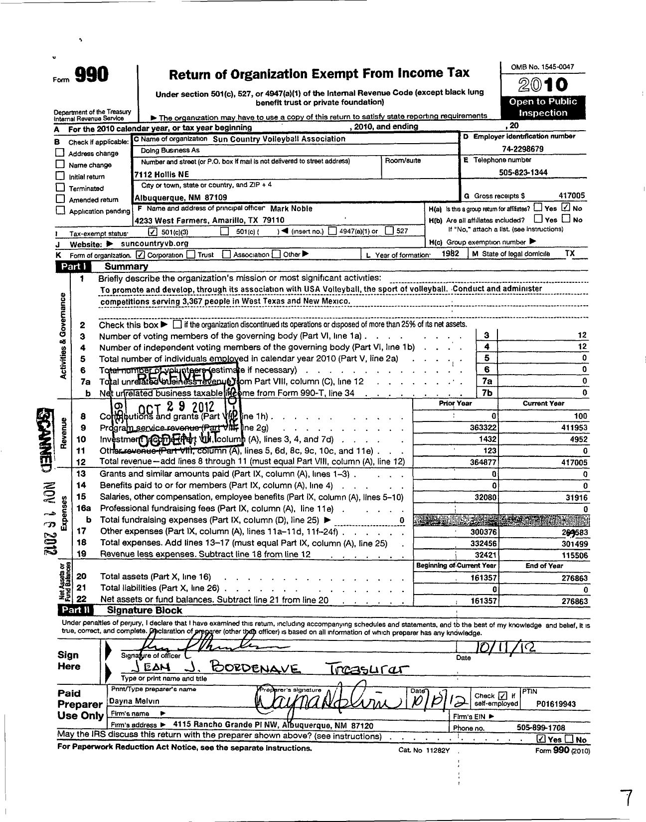 Image of first page of 2010 Form 990 for The Sun Country Region Volleyball Association