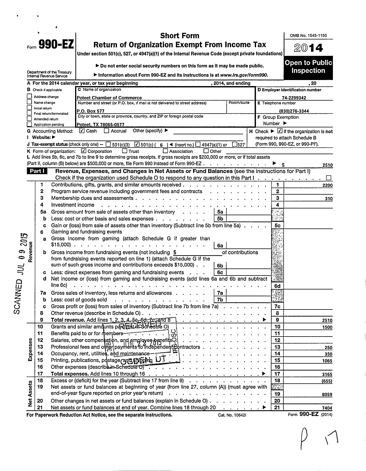 Image of first page of 2014 Form 990EO for Poteet Chamber of Commerce