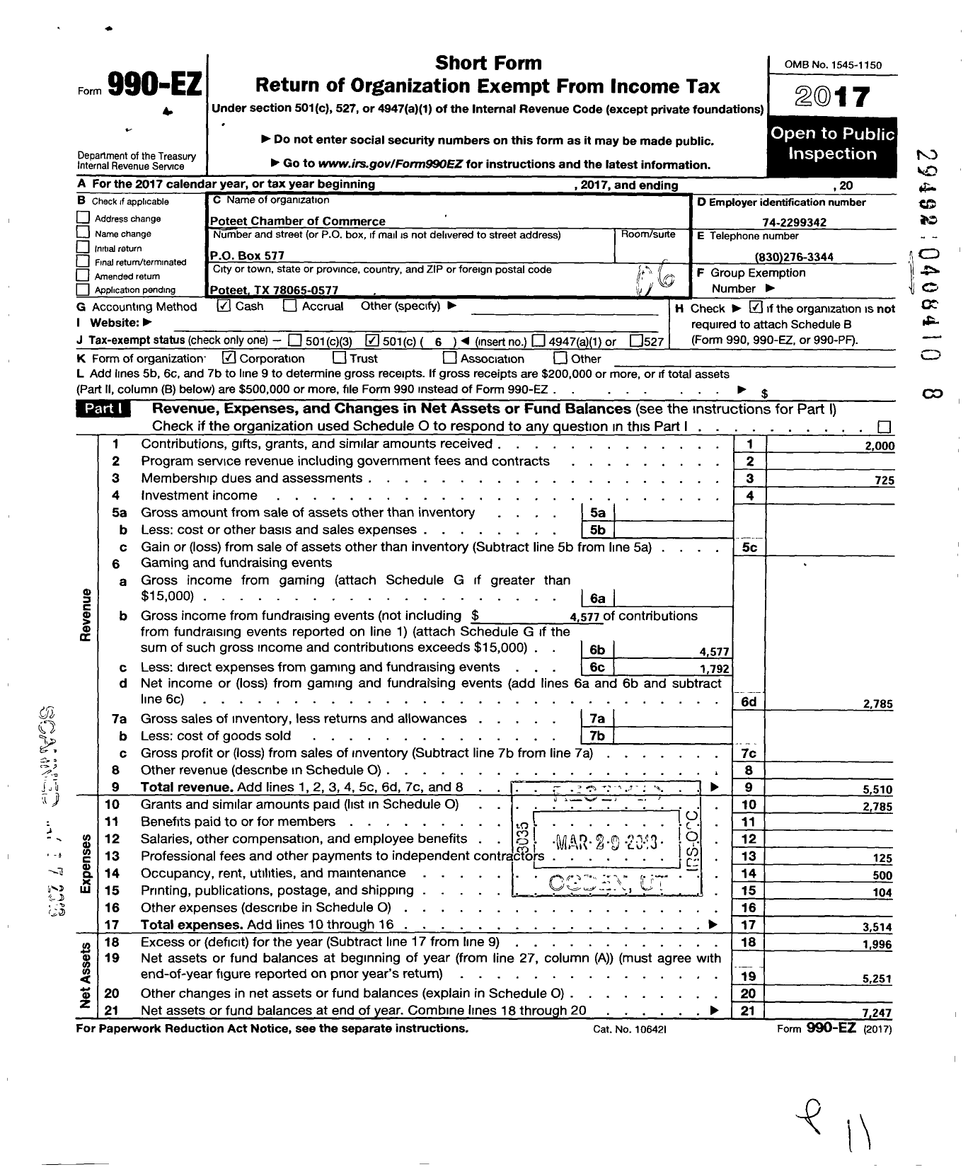 Image of first page of 2017 Form 990EO for Poteet Chamber of Commerce