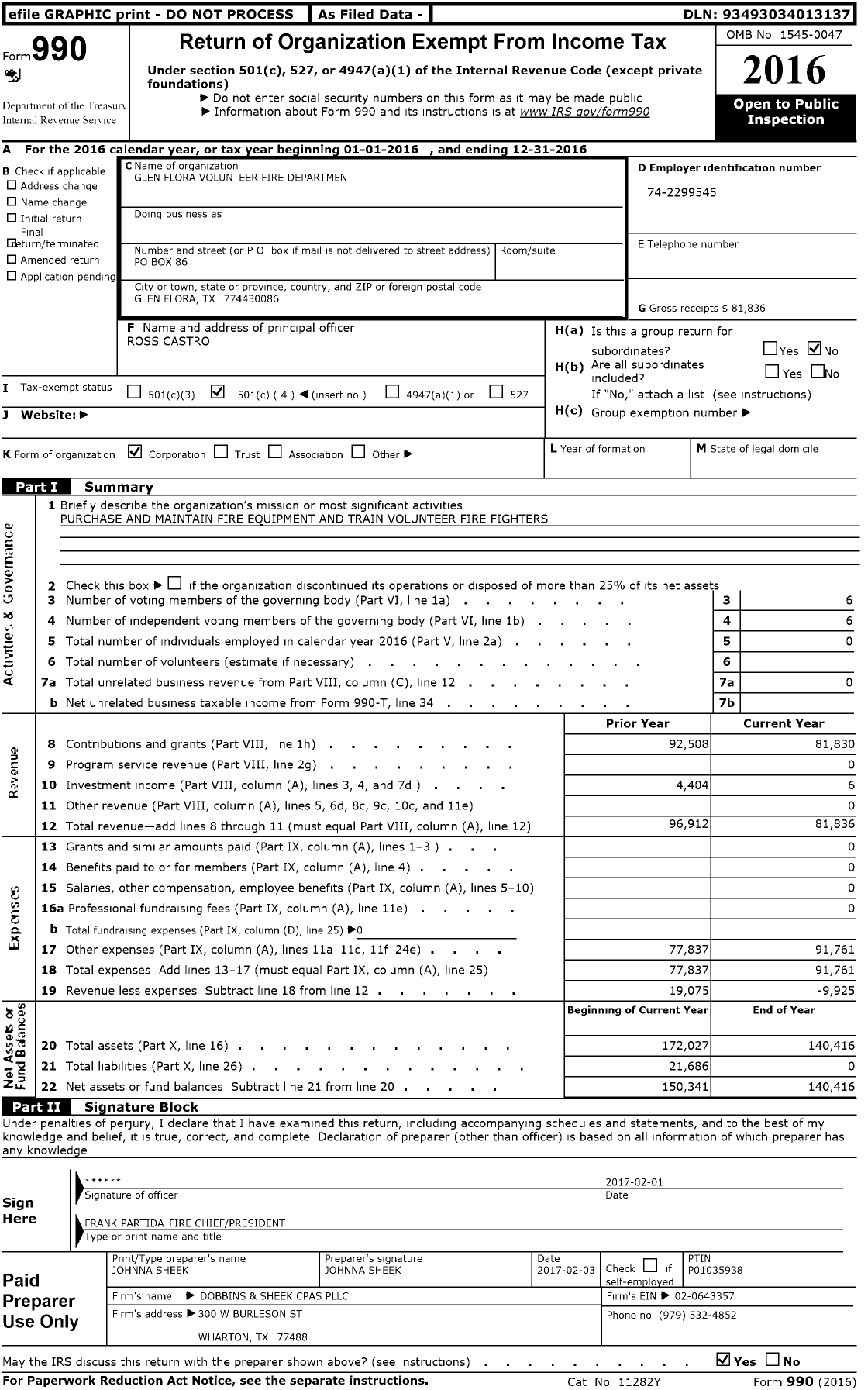 Image of first page of 2016 Form 990O for Glen Flora Volunteer Fire Department