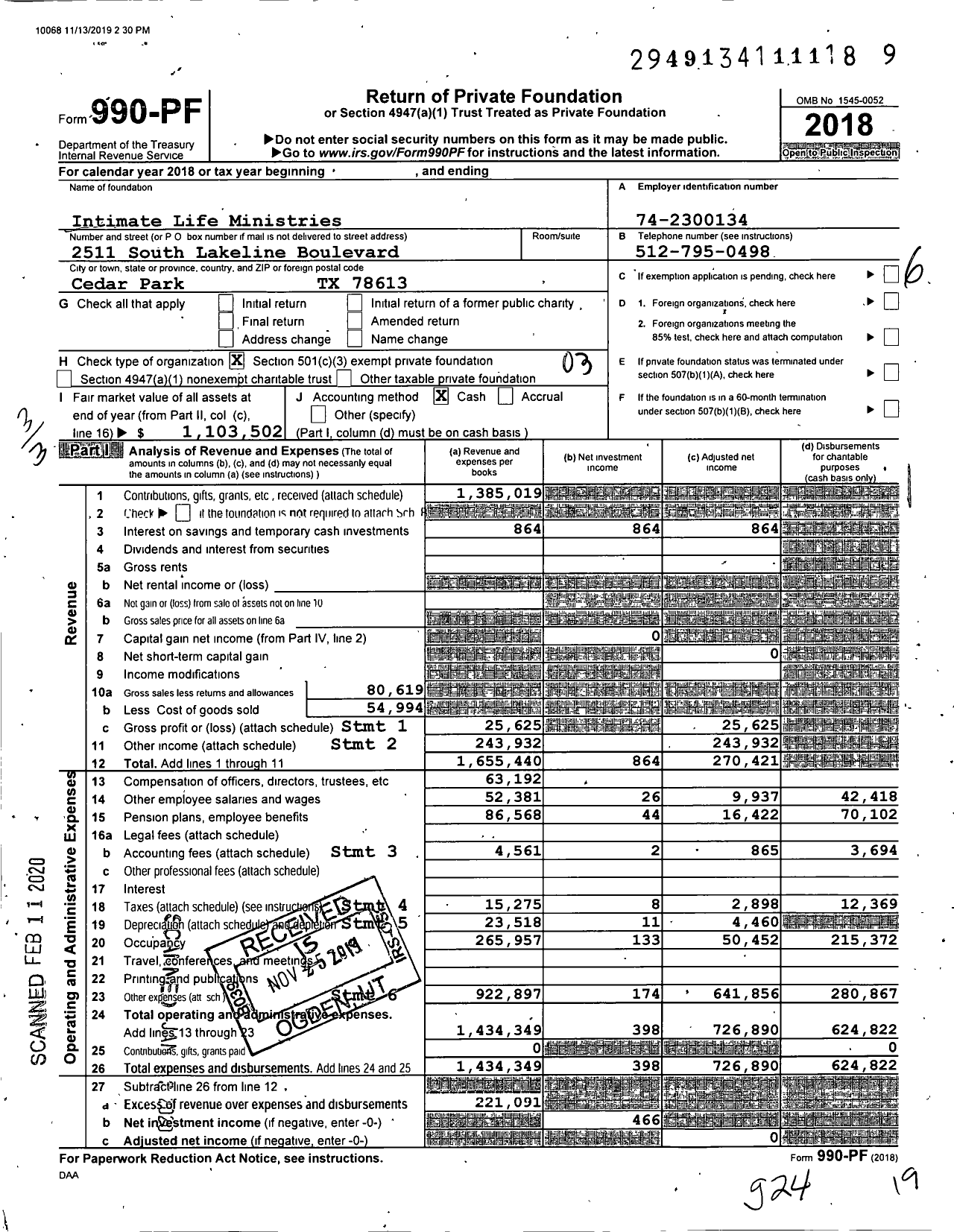 Image of first page of 2018 Form 990PF for Intimate Life Ministries