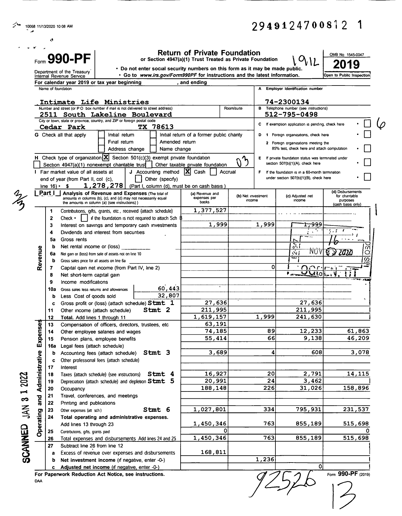 Image of first page of 2019 Form 990PF for Intimate Life Ministries