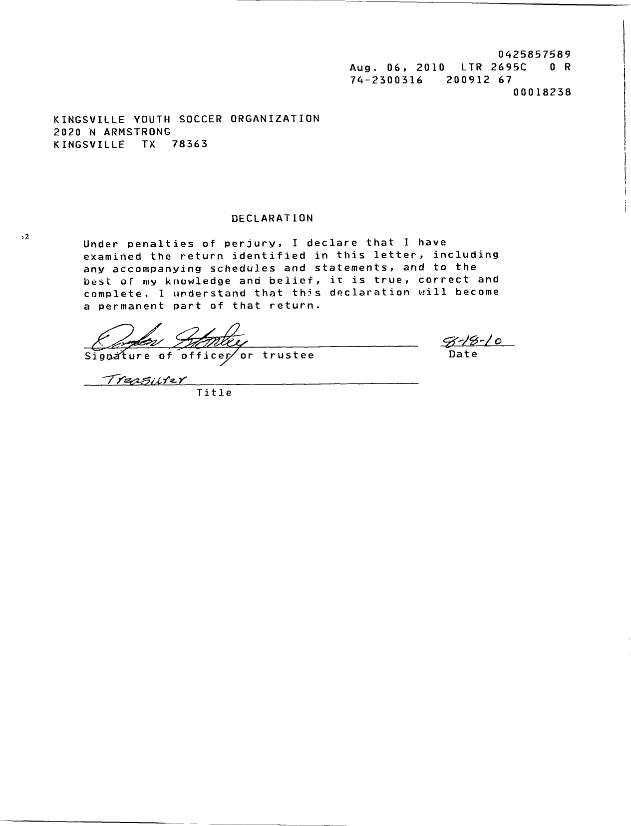 Image of first page of 2009 Form 990ER for South Texas Youth Soccer Association / Kingsville Youth Soccer Org