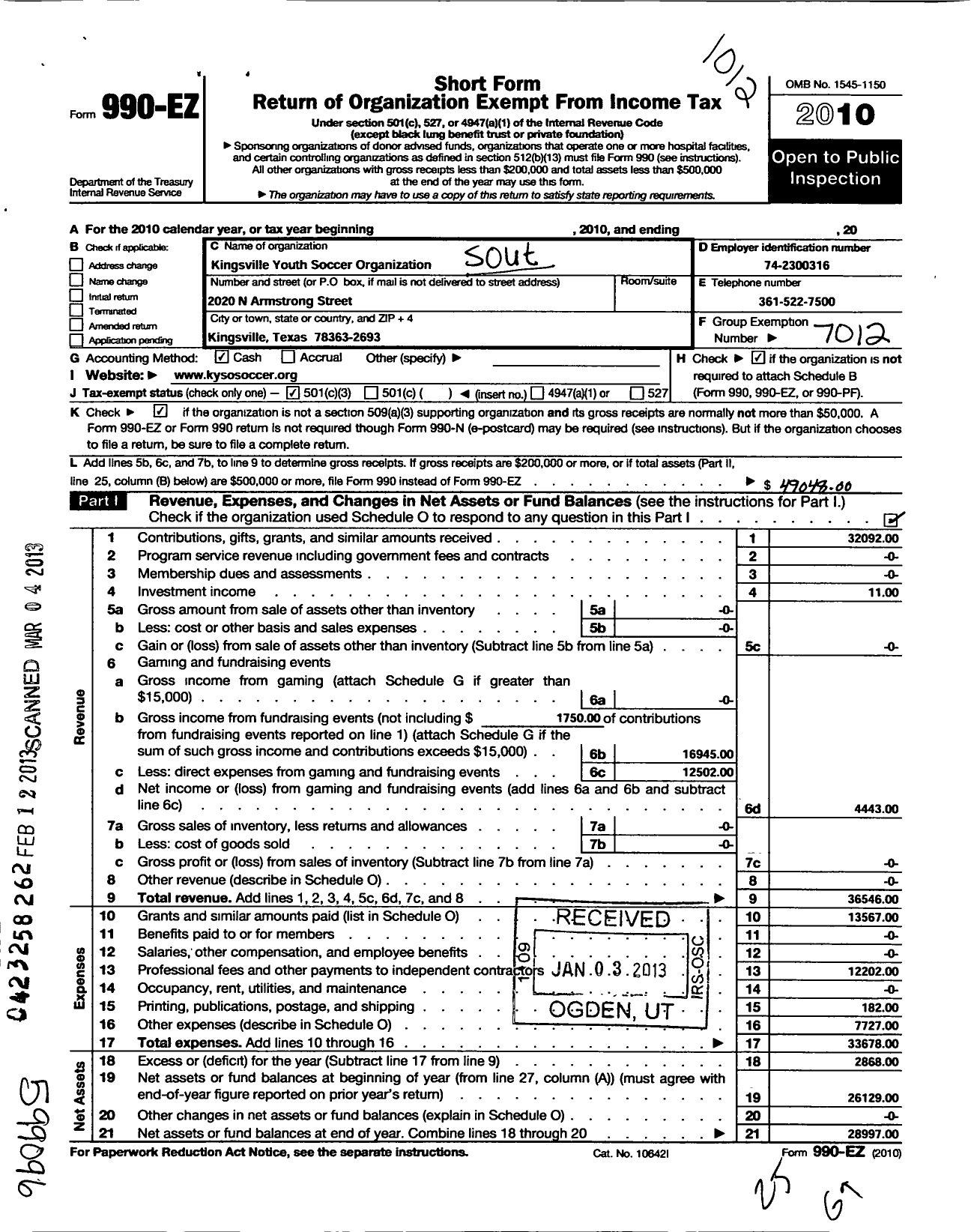 Image of first page of 2010 Form 990EZ for South Texas Youth Soccer Association / Kingsville Youth Soccer Org