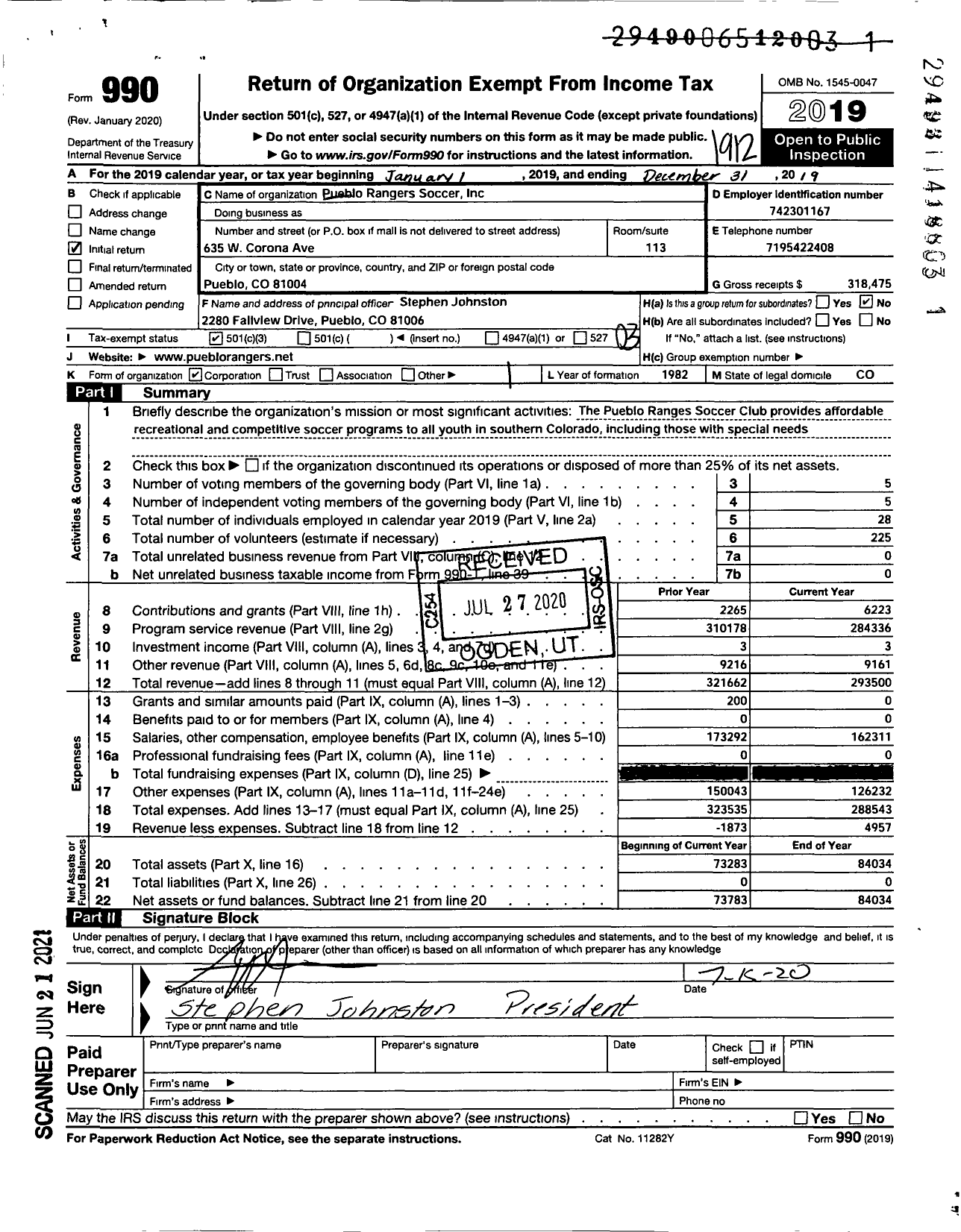Image of first page of 2019 Form 990 for Pueblo Rangers Soccer