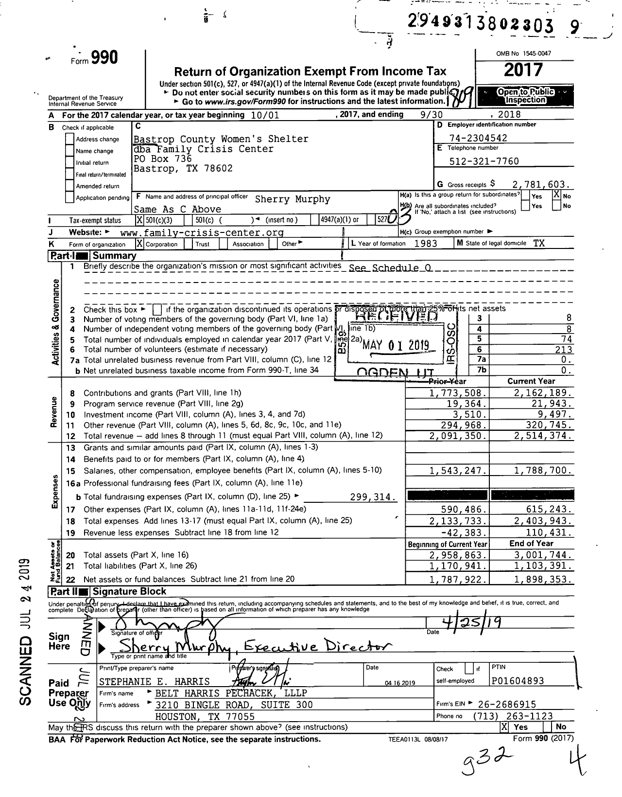 Image of first page of 2017 Form 990 for Family Crisis Center