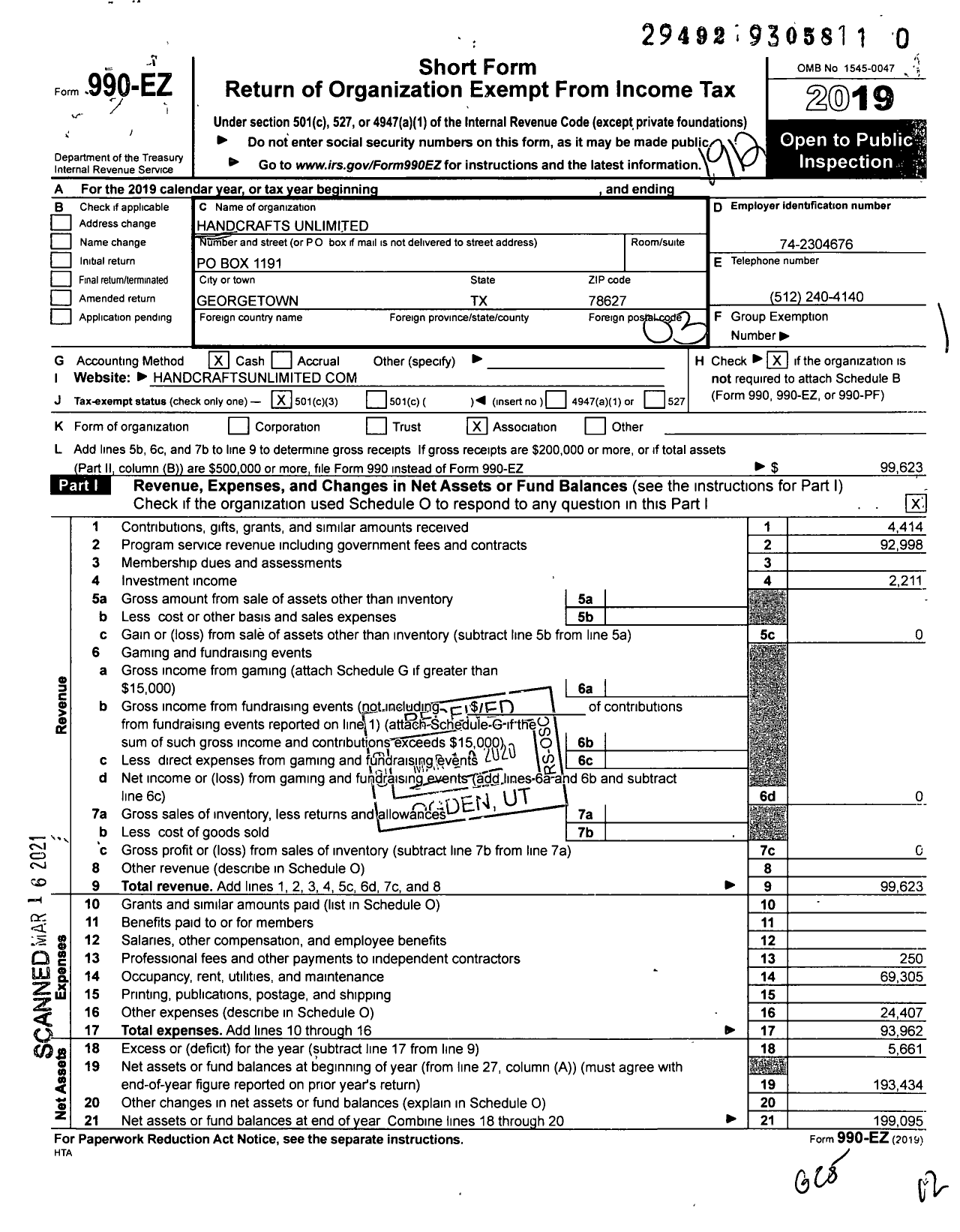 Image of first page of 2019 Form 990EZ for Handcrafts Unlimited