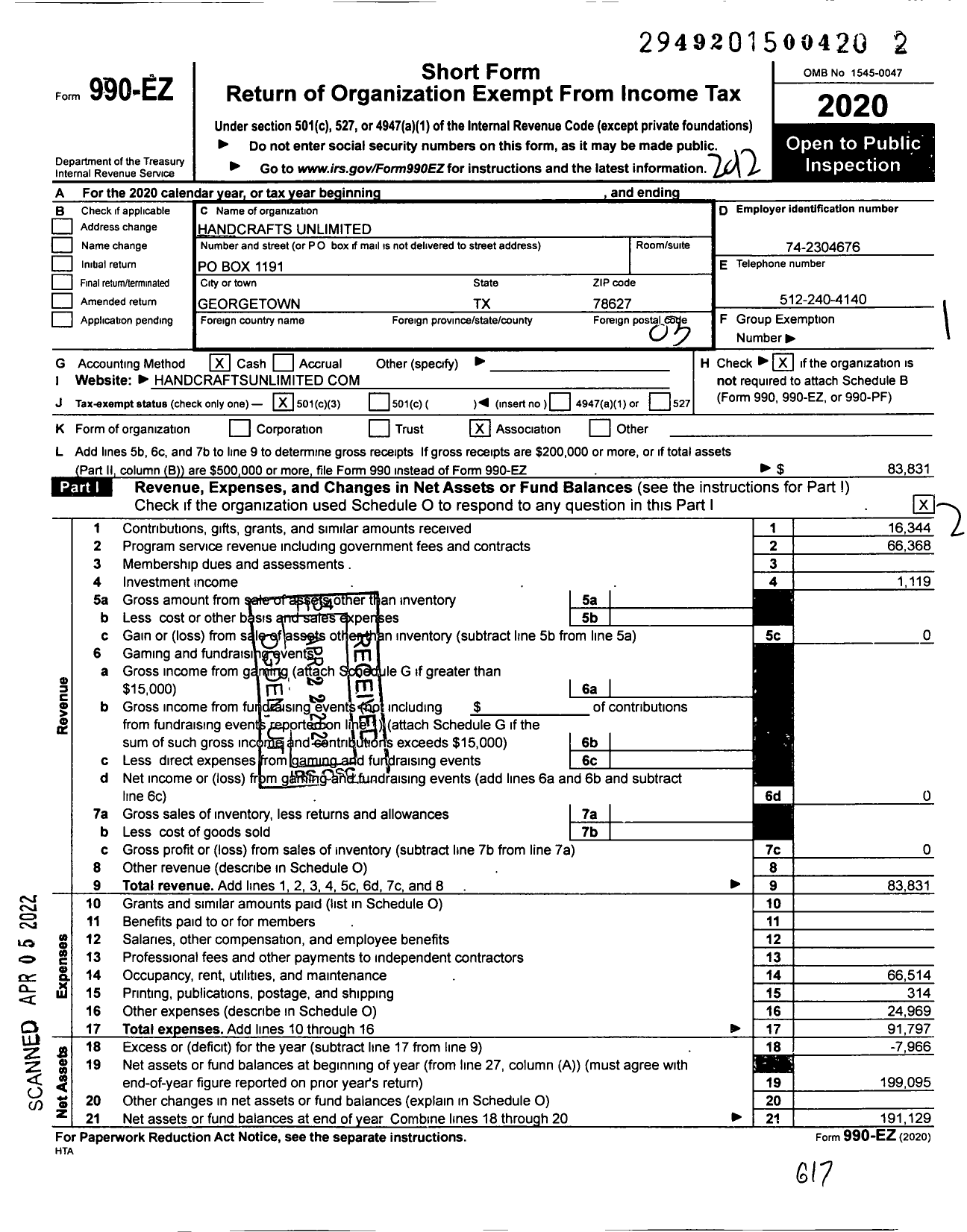 Image of first page of 2020 Form 990EZ for Handcrafts Unlimited