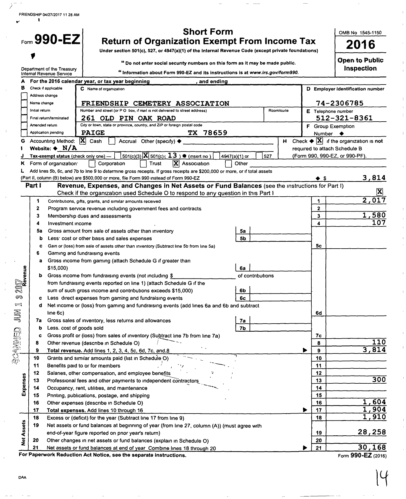 Image of first page of 2016 Form 990EO for Friendship Cemetery Association