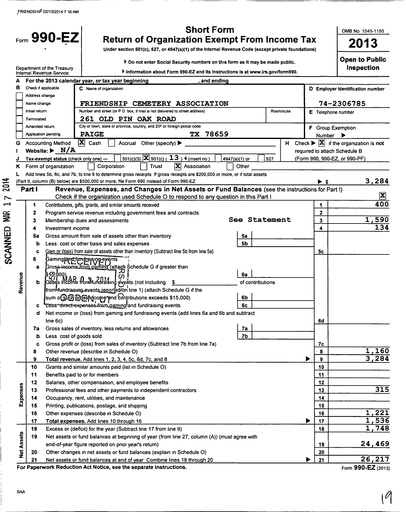 Image of first page of 2013 Form 990EO for Friendship Cemetery Association