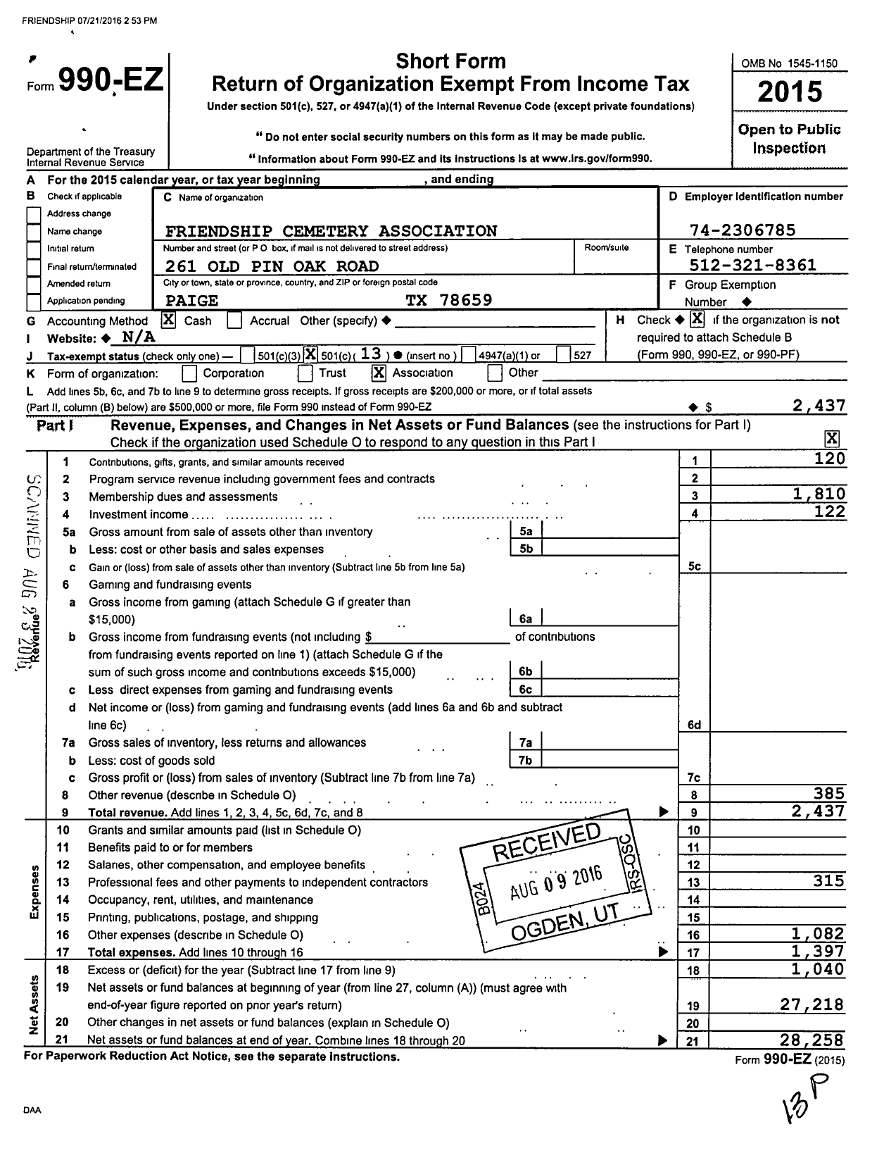 Image of first page of 2015 Form 990EO for Friendship Cemetery Association