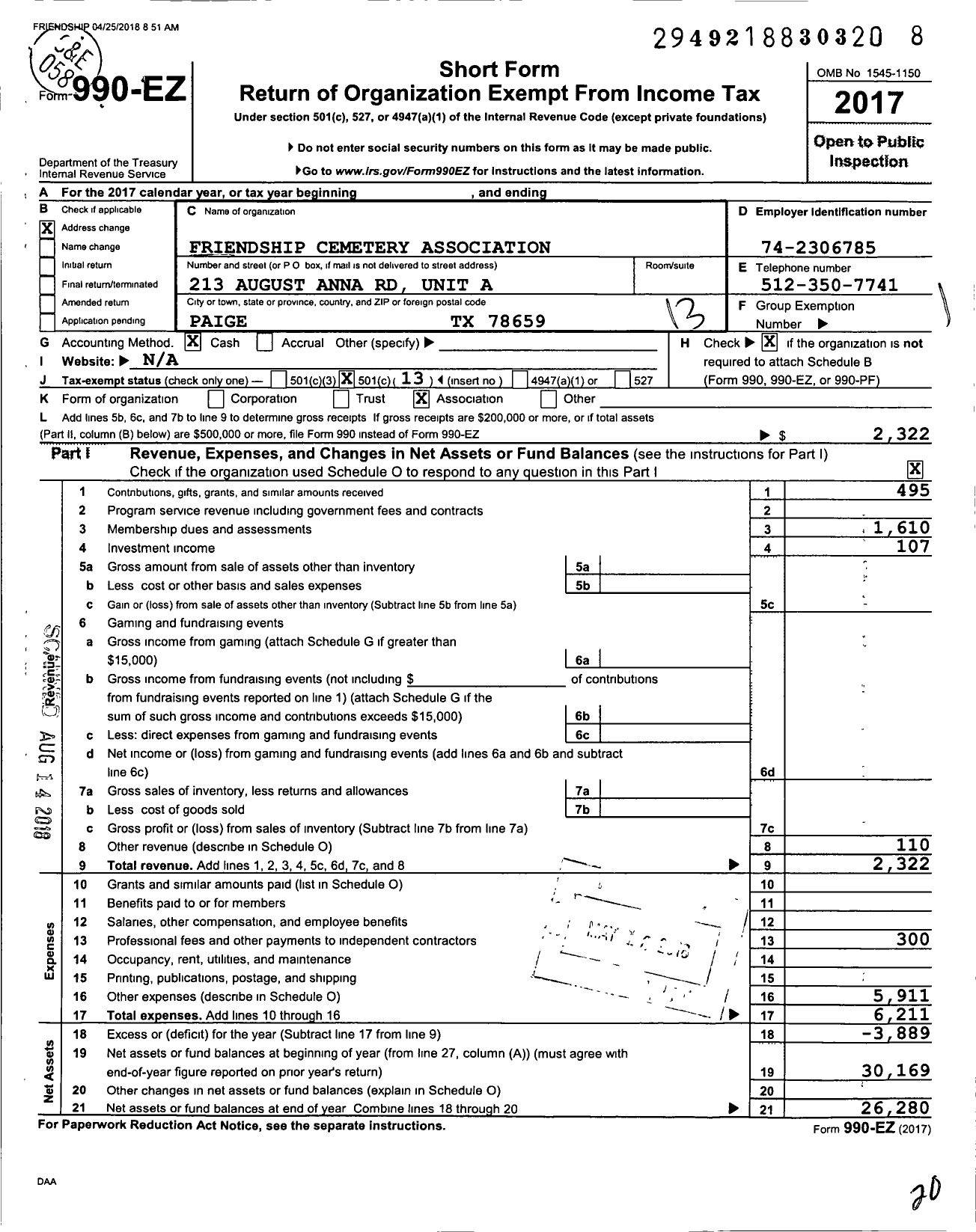 Image of first page of 2017 Form 990EO for Friendship Cemetery Association