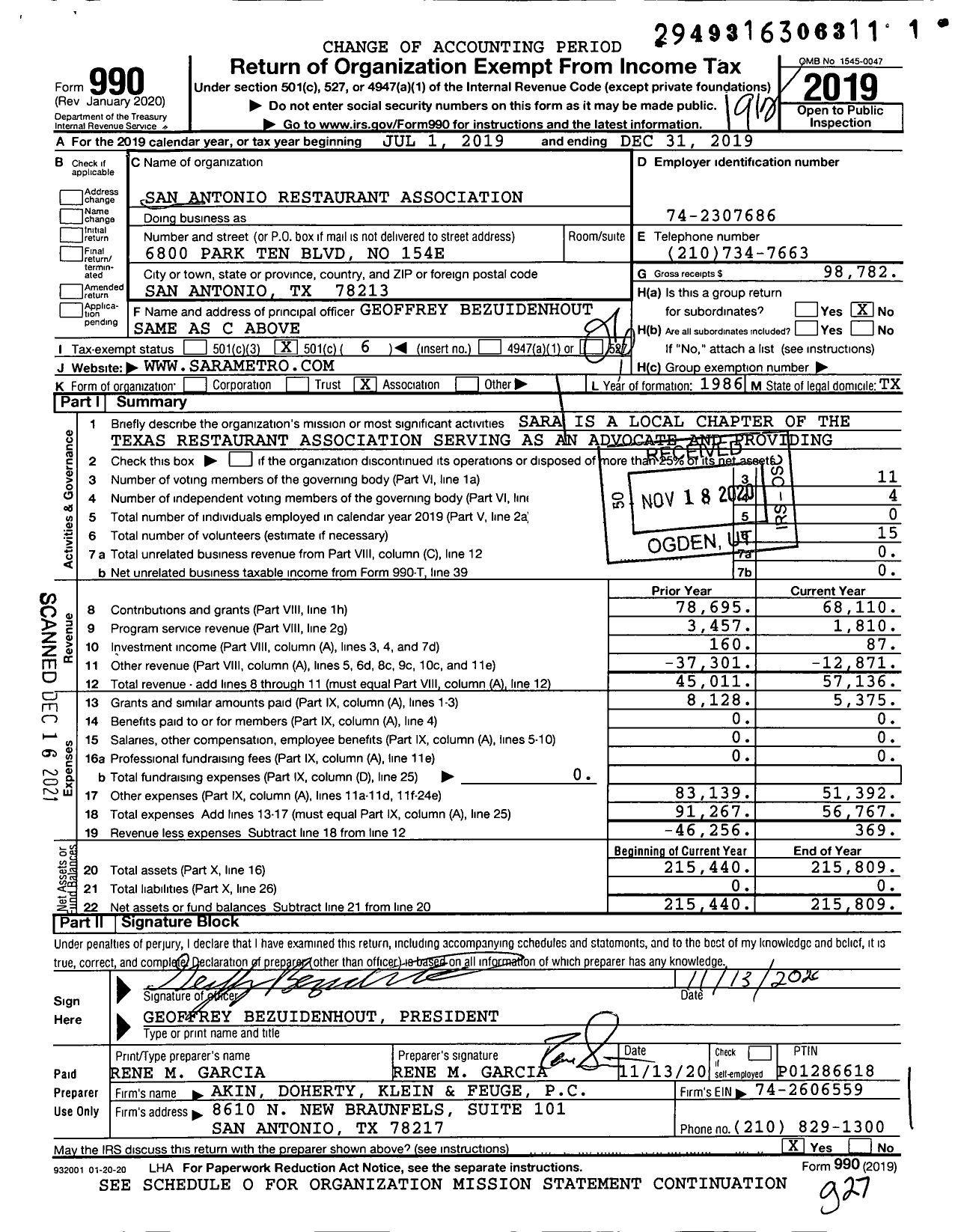 Image of first page of 2019 Form 990O for Texas Restaurant Association San Antonio Chapter